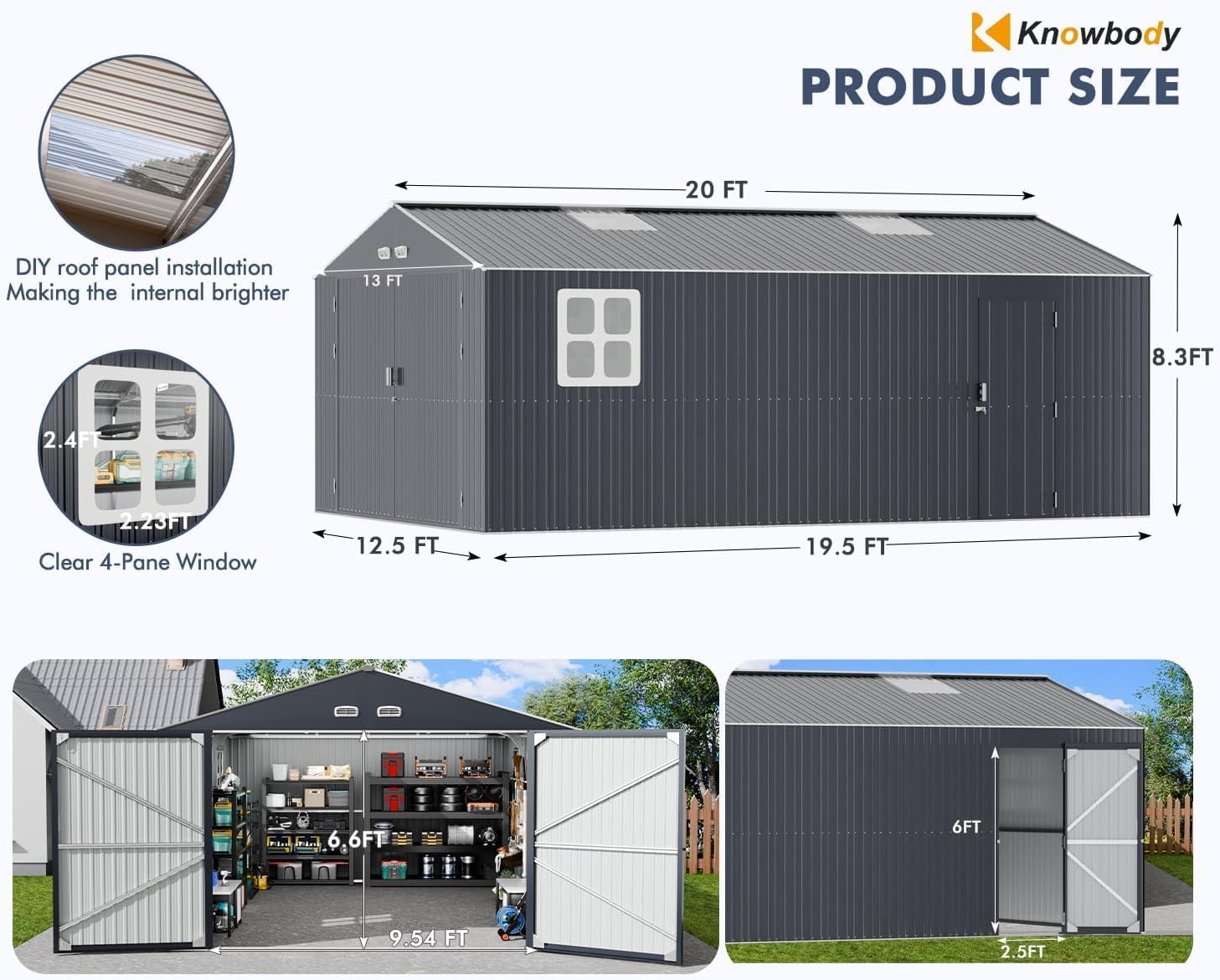 K Knowbody 13x20x8.3 FT Metal Garage Shed with Base Floor Kit, Ultra-Reinforced Powder-Coated 18-Gauge Steel Frame, 100 PSF Snow & 150 MPH Wind Rated, Skylight Dual-Entry Carport Workshop