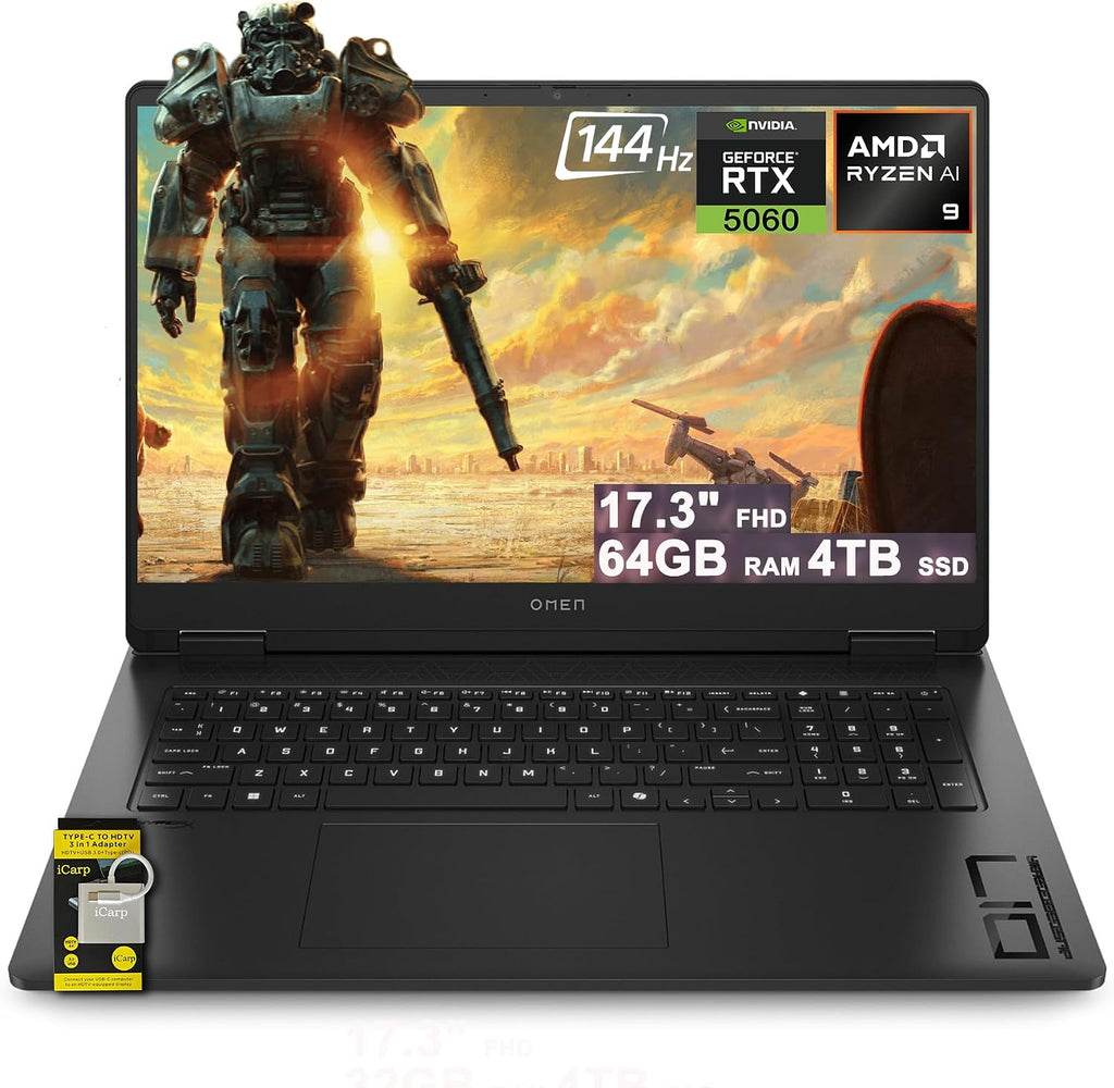 HP Omen 17 Gaming AI Laptop 17.3' FHD IPS 144Hz (100% sRGB) AMD Zen 5 10-core Ryzen AI 9 365 (Up to 50 Tops) 64GB RAM 4TB SSD GeForce RTX 5060 (Up to 572 AI Tops) RGB Backlit HyperX Win11 ICP Hub