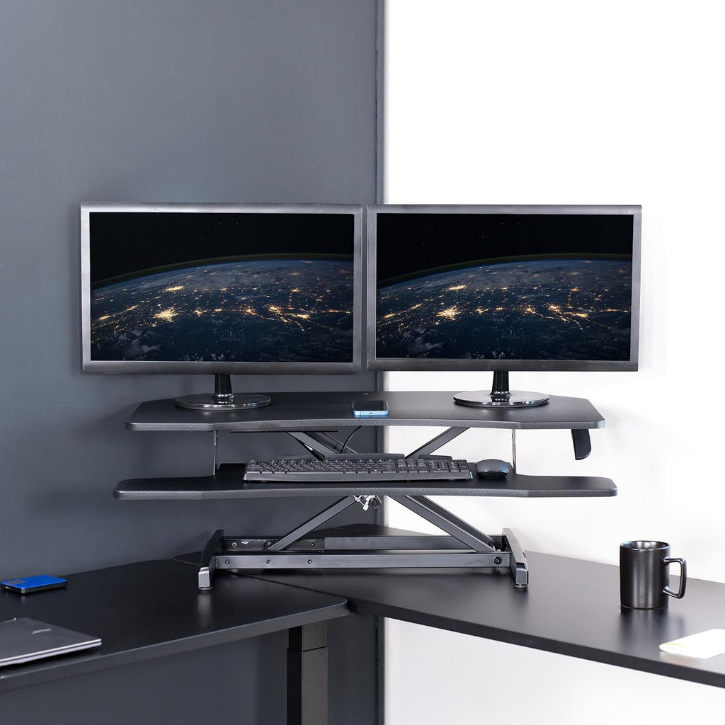 VIVO Corner Height Adjustable 38 inch Standing Desk Converter, Quick Sit to Stand Tabletop Dual Monitor Riser Workstation, DESK-V037MC