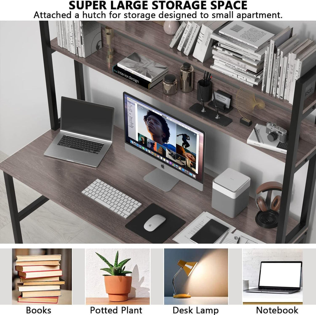 Aquzee Desk with Hutch Bookshelves, Computer Desk with 3 Tiers Storage Shelves, Space Saving Design Black Metal Legs Desk with Grey Board, Easy Assemble