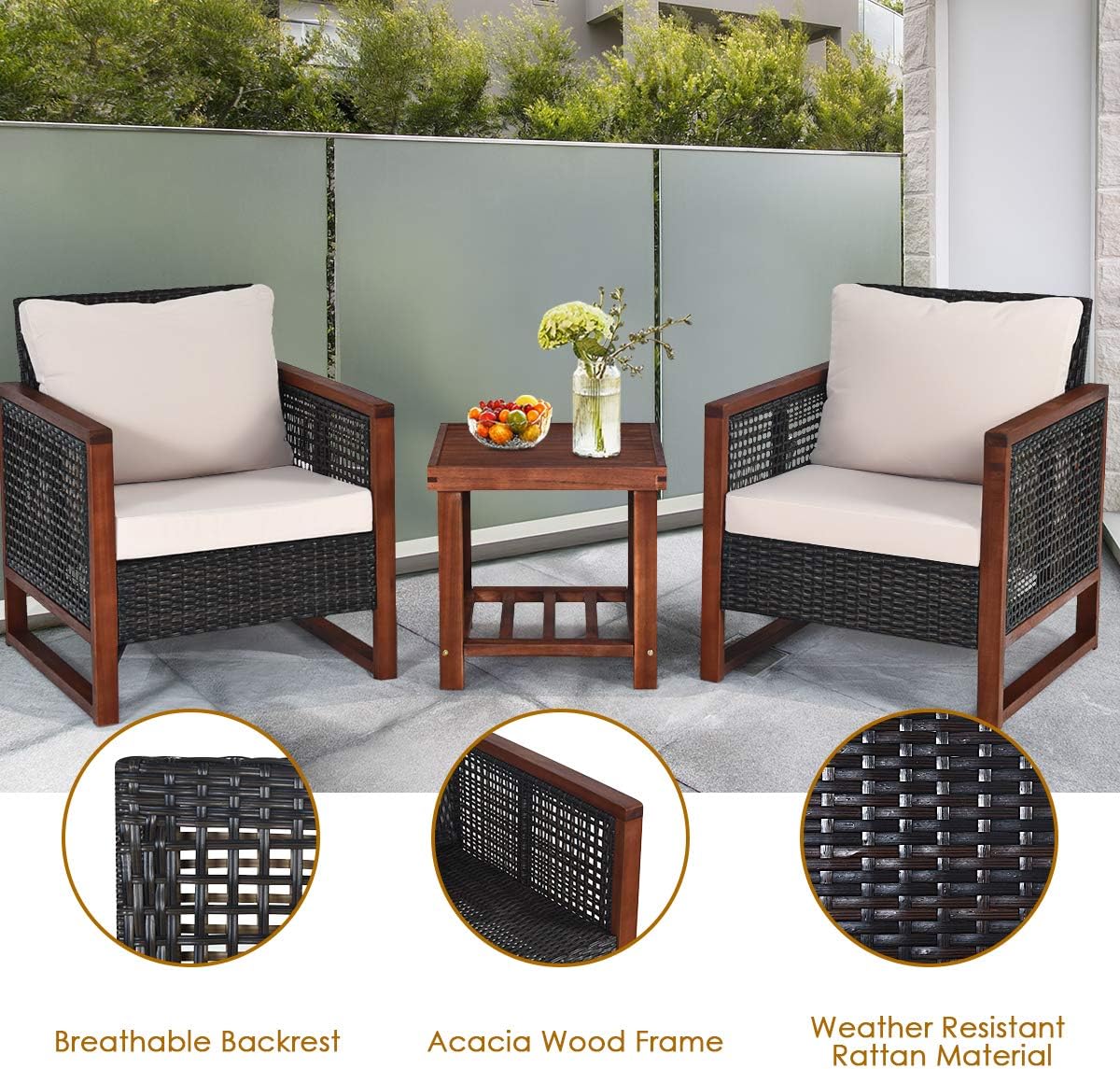 HAPPYGRILL 3 Pieces Outdoor Patio Furniture Set Wicker Chairs with Coffee Table, Balcony Porch Furniture Bistro Set with Wood Frame and Washable Cushions for Garden Poolside Backyard