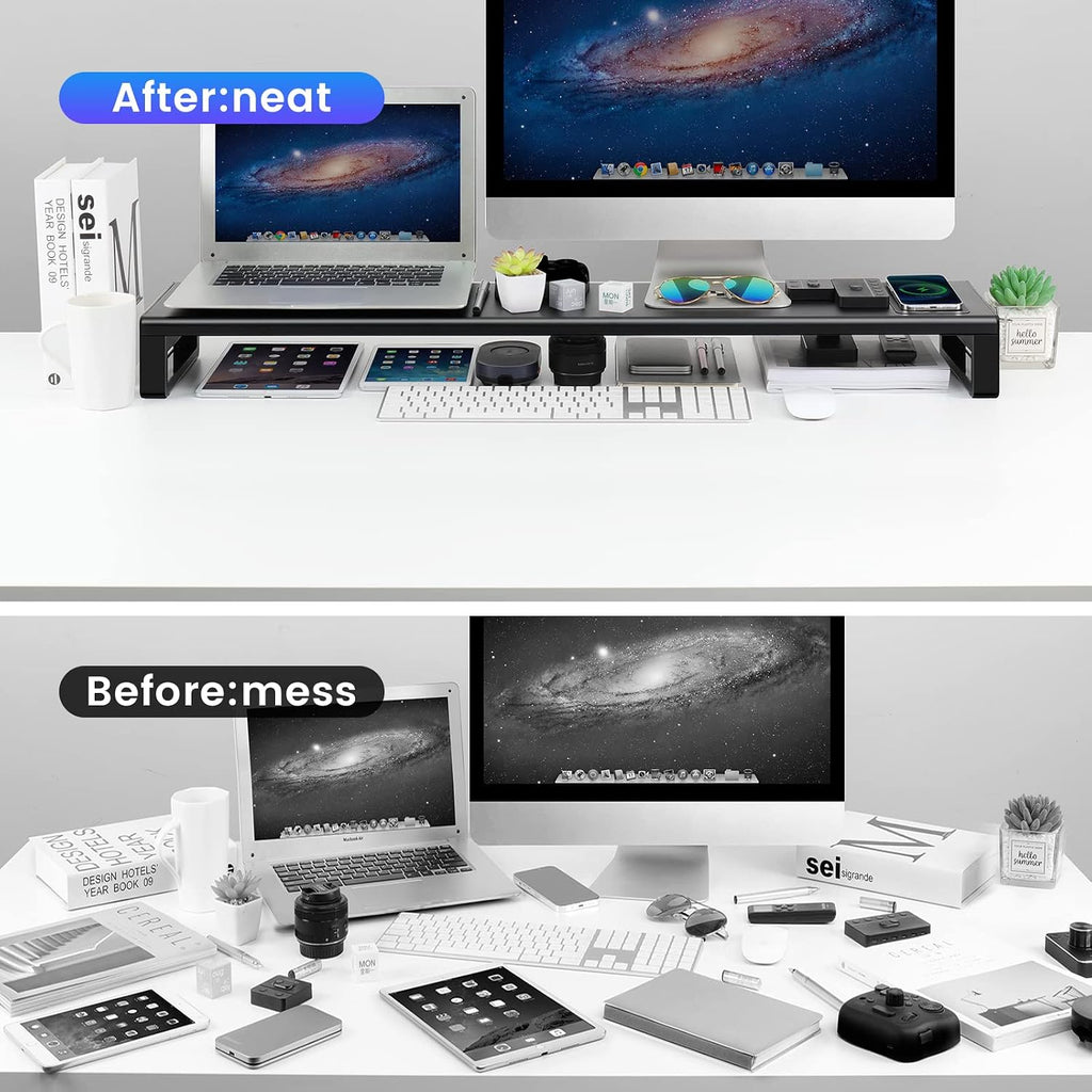 Vaydeer Dual Monitor Stand, Double Monitor Riser with Wireless Charger and 4 USB 3.0 Hub Ports, Metal Desk Raiser for 2 Monitors, PC Screen iMac Studio Display Gaming Office Work Space Saver Organizer