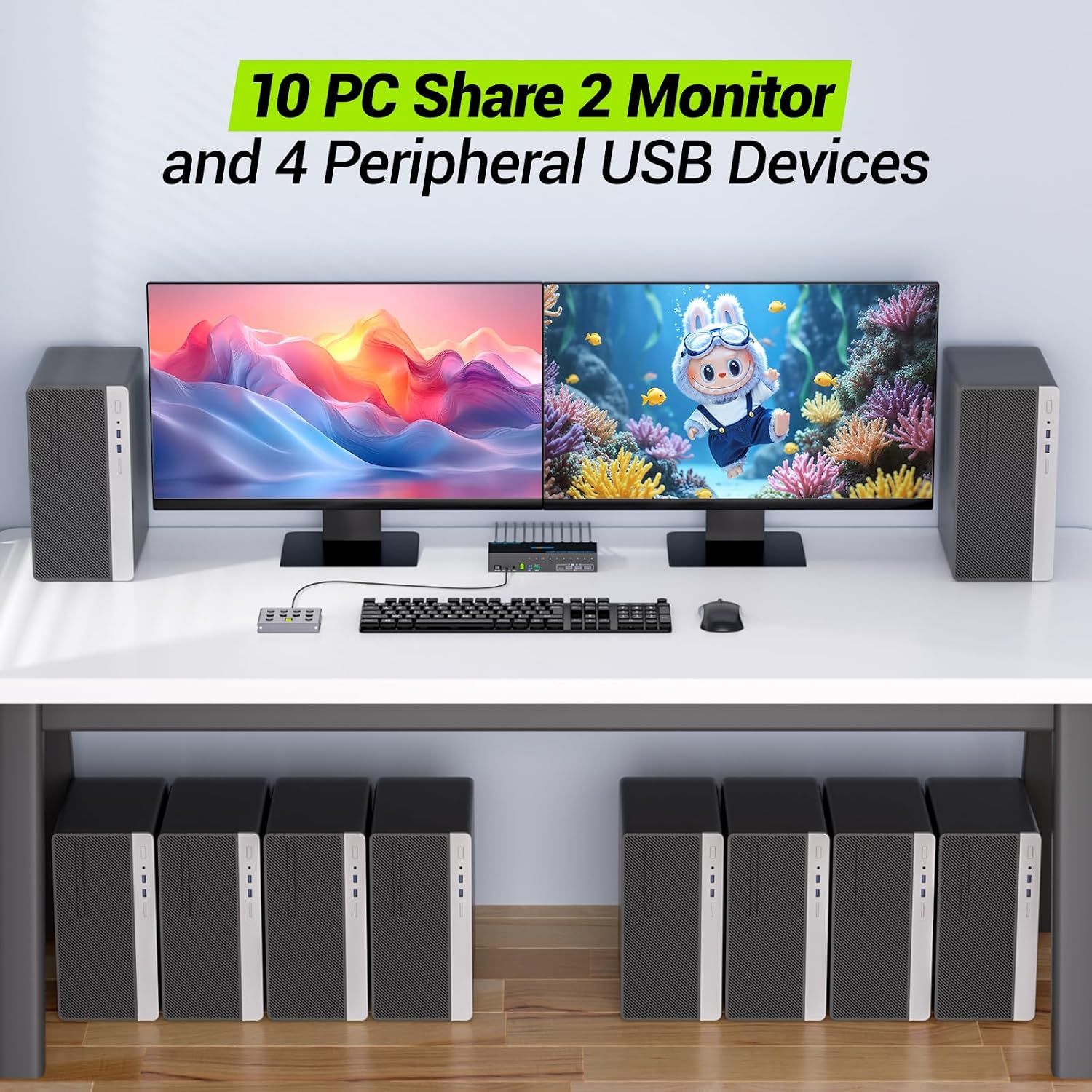 10 Port 8 Port 2 Monitors KVM Switch HDMI 4K@60Hz EDID Simulation, USB 3.0 Dual Monitor KVM Switch 2 Monitors 8 Computers 10 Computers,4 USB3.0 Ports, Audio,RS232,Wired Remote,12V Power,10 USB Cables