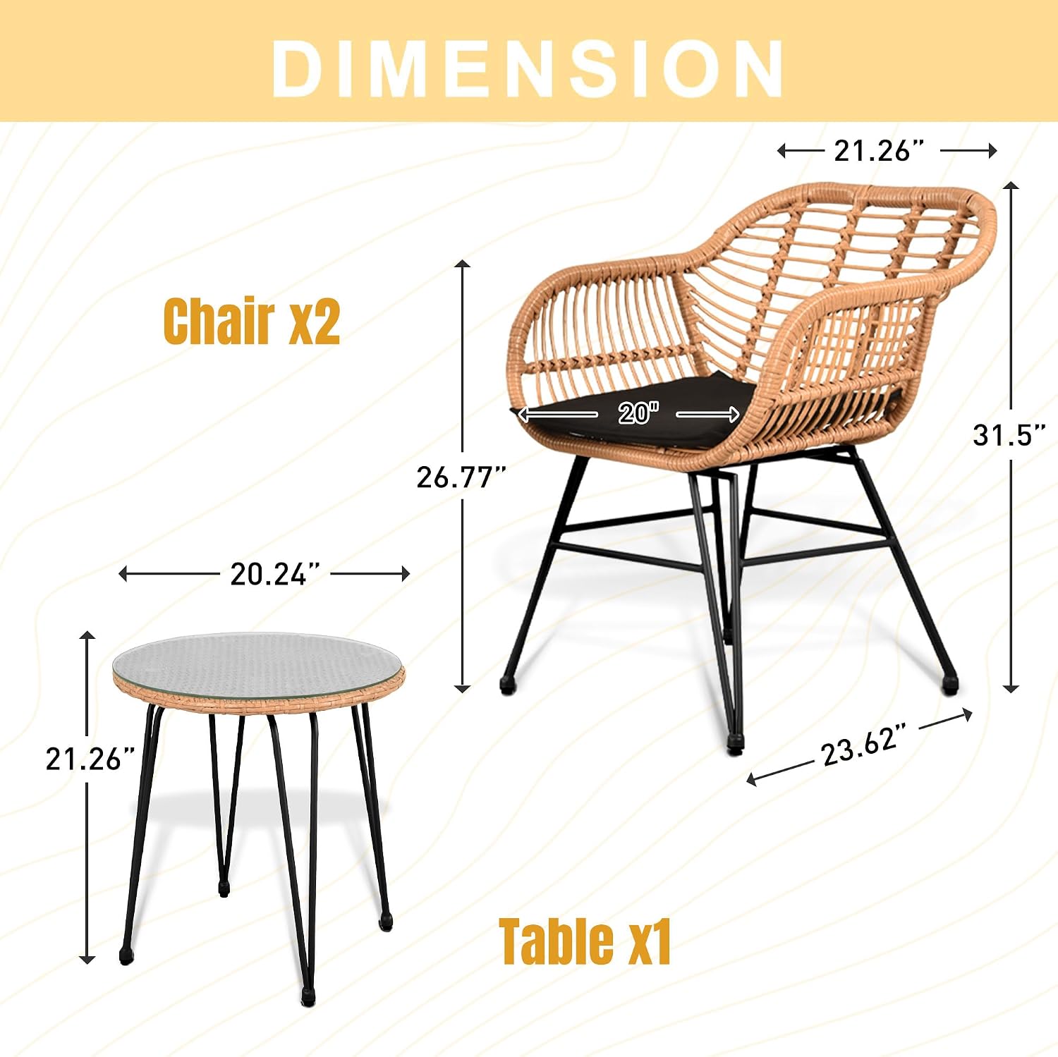 PROHIKER 3 Pieces Outdoor Wicker Bistro Patio Furniture Set, Porch Furniture Rattan Conversation Sets with Side Table and Cushions for Garden Poolside Backyard, Yellow/Black