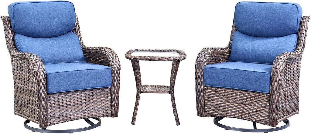 HUMMUH Outdoor Patio Wicker Swivel Rocker Chairs with 6-Inch Thick Cushion High Back 3 PCS Wicker Conversation Set for Porch Balcony Deck