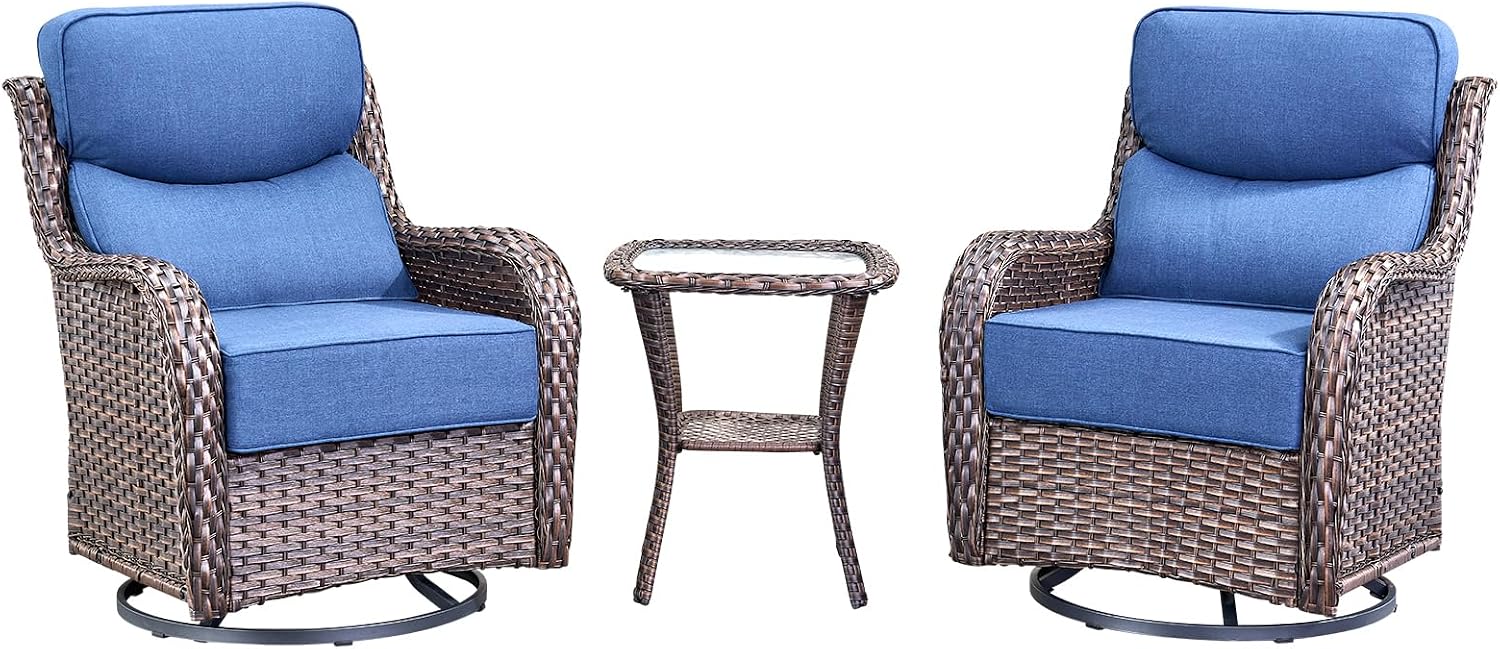 HUMMUH Outdoor Patio Wicker Swivel Rocker Chairs with 6-Inch Thick Cushion High Back 3 PCS Wicker Conversation Set for Porch Balcony Deck