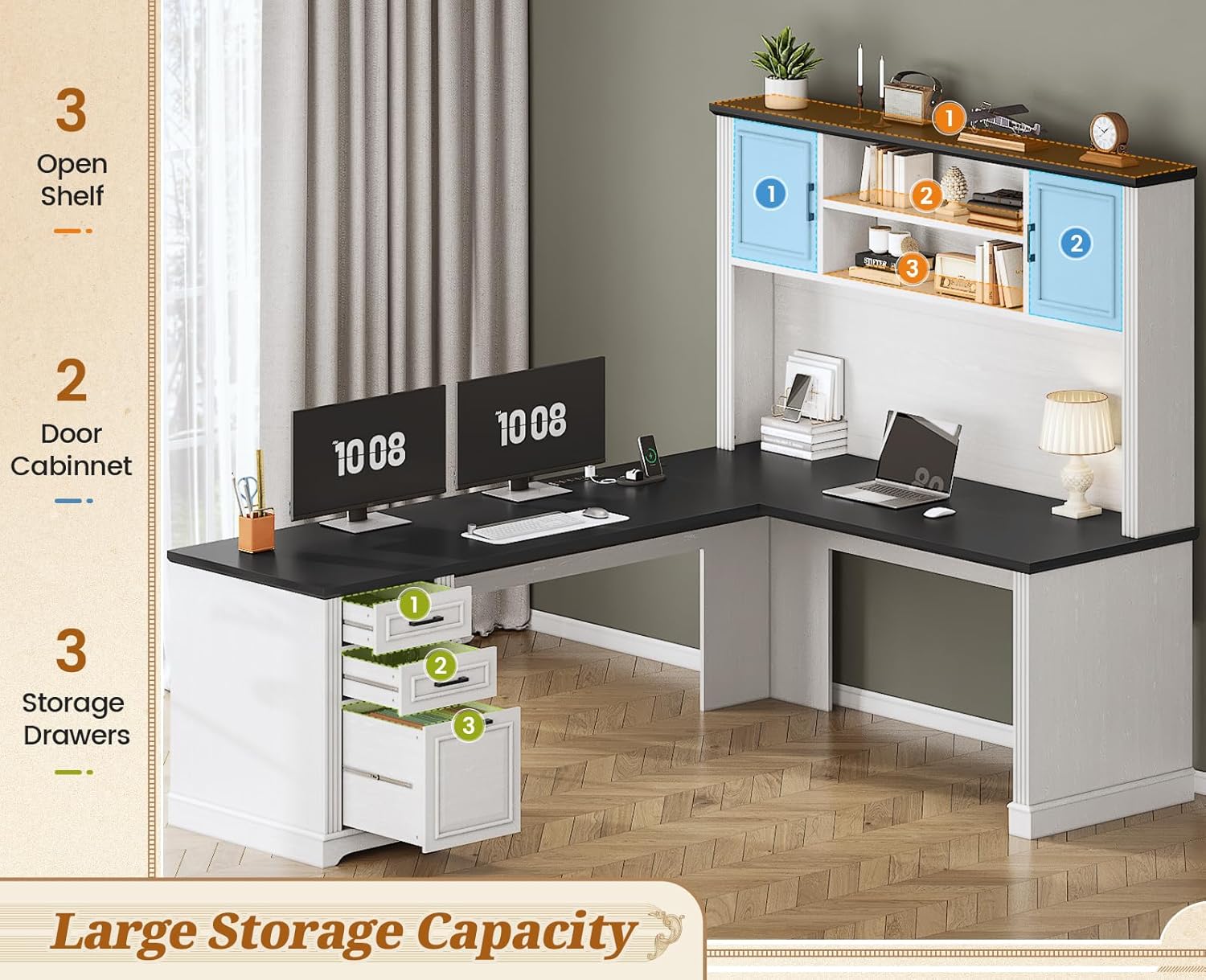 SEDETA Farmhouse L Shaped Desk with Hutch and 3 Drawers, 68.9' Executive Office Desk with File Drawer and Power Outlet, Corner Computer Desk with Storage Shelves for Home Office, White