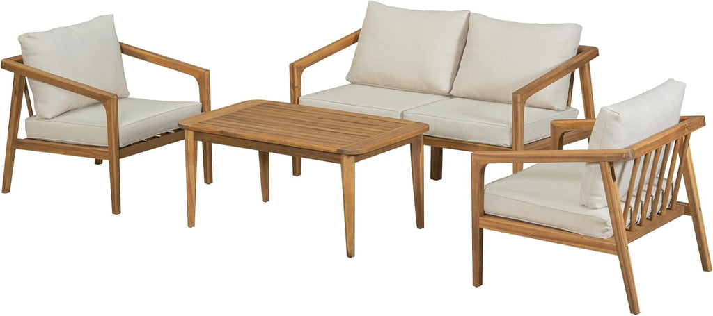 Christopher Knight Home Dena Patio 4-Piece Conversation Set, Outdoor 4-Seater Acacia Wood Sofa Chat Set,Garden Furniture,Loveseat,Coffee Table,Set of 2 Club Chairs, Removable Cushions, Teak+ Beige
