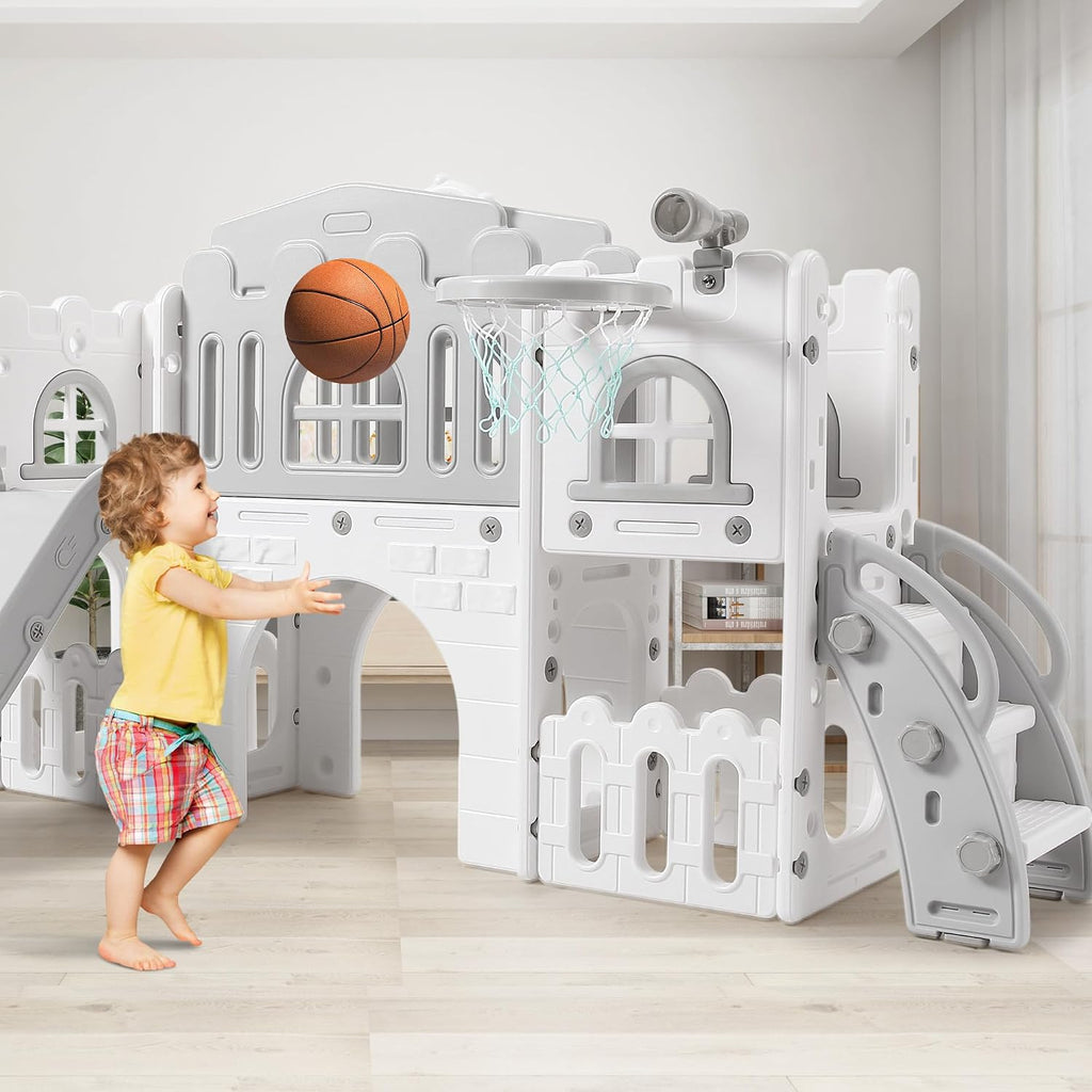 Garvee Toddler Slide 8 in 1 Toddler Playset for Toddlers Age 1-3, Baby Playset for Indoor Outdoor Playground with Climber, Crawling Tunnel, Basketball Hoop, Telescope, Toy Storage