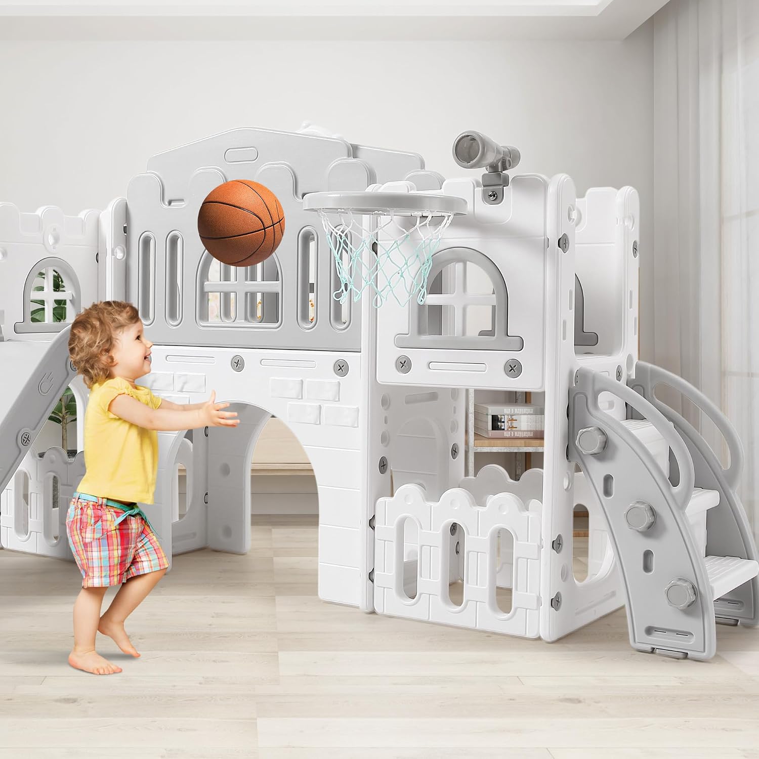 Garvee Toddler Slide 8 in 1 Toddler Playset for Toddlers Age 1-3, Baby Playset for Indoor Outdoor Playground with Climber, Crawling Tunnel, Basketball Hoop, Telescope, Toy Storage