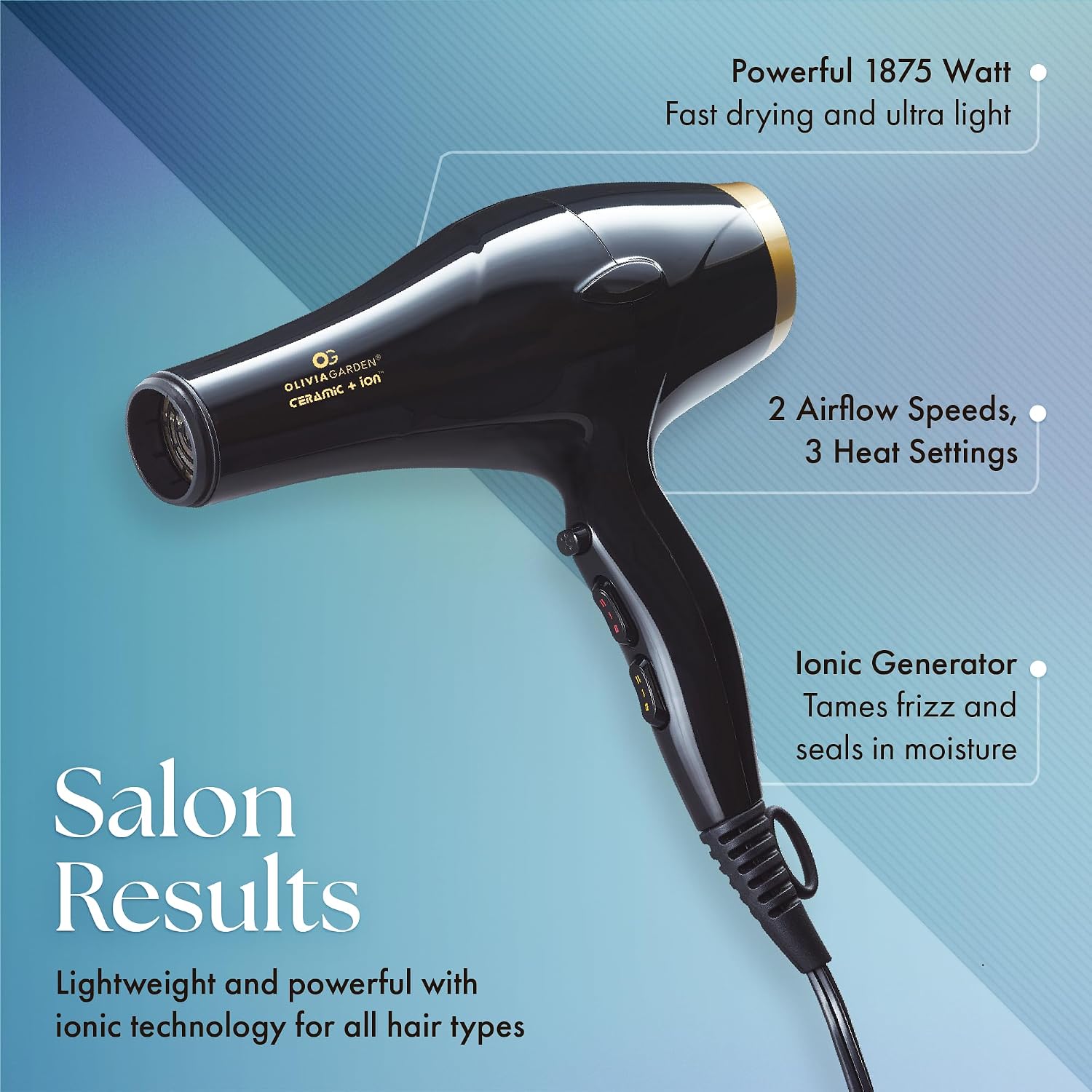 Olivia Garden 1875W Ceramic + Ion Professional Hair Dryer for Men and Women - Fast Drying Blow Dryer - Powerful Ionic Generator - 3 Heat Settings - With 2 Nozzles and Storage Bag
