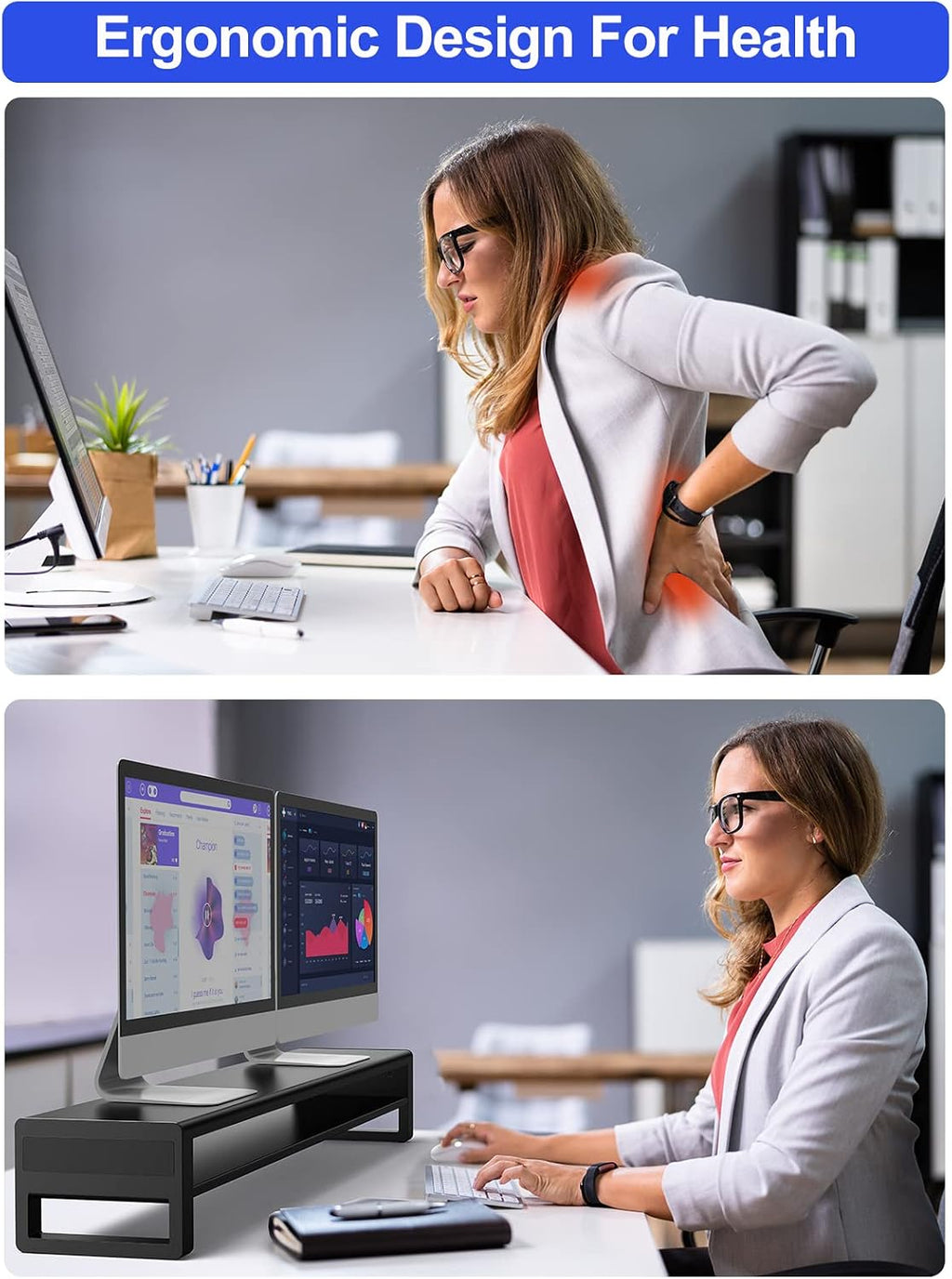 2 Tiers Dual Monitor Stand with 4 USB 3.0 Hub Ports, Double Monitor Riser, Metal Desk Stand with Storage, Long Screen Raiser for 2 Monitors/PC/Laptop/Computer Space Saver Organizer Office Home School