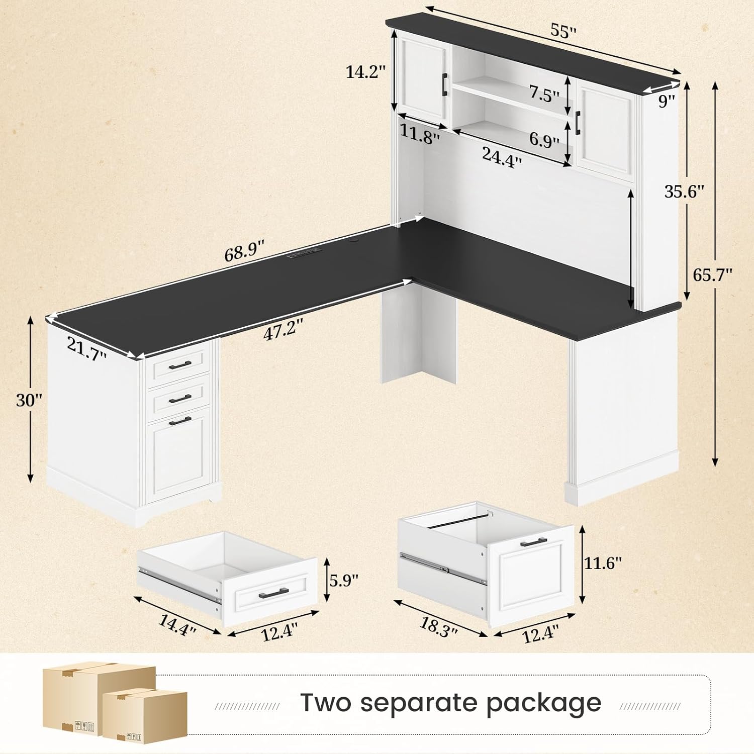 SEDETA Farmhouse L Shaped Desk with Hutch and 3 Drawers, 68.9' Executive Office Desk with File Drawer and Power Outlet, Corner Computer Desk with Storage Shelves for Home Office, White