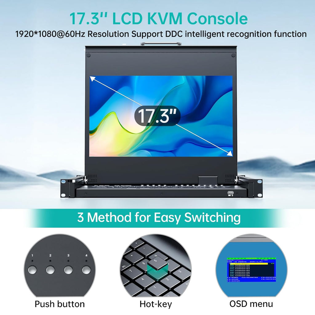 MT-VIKI® KVM Rack Mount HDMI with 17.3'' LCD Monitor, 1080P@60Hz Support OSD/Hotkey, Included 8 KVM Cables+Keyboard + Touchpad, Fit 1U 19'' Rack, Mount Depth 23.6-31.8'