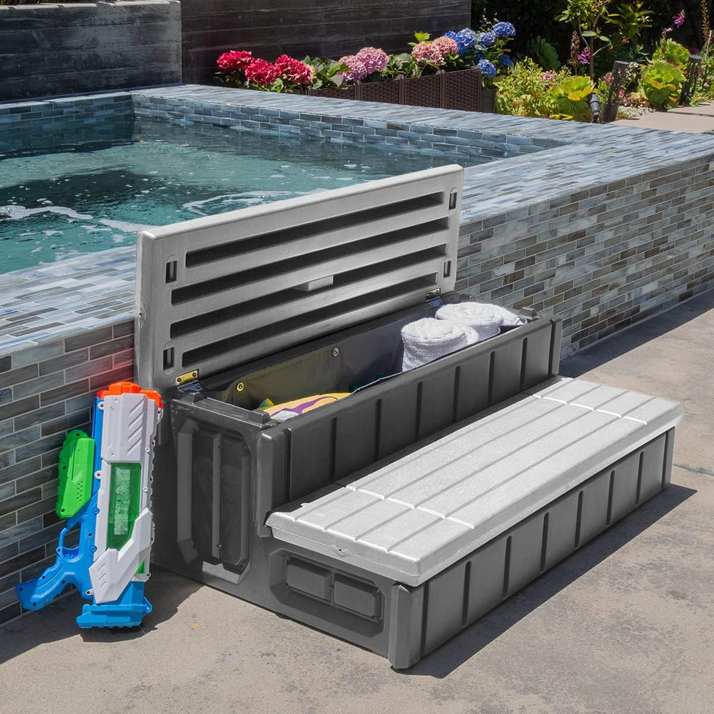 XtremepowerUS Universal Heavy Duty 2-Step Spa & Hot Tub Step Porch Steps with Large Storage Compartment Non-Slip Resistant Step Stairs 36' Inches Long Stool Pool Ladder, Grey