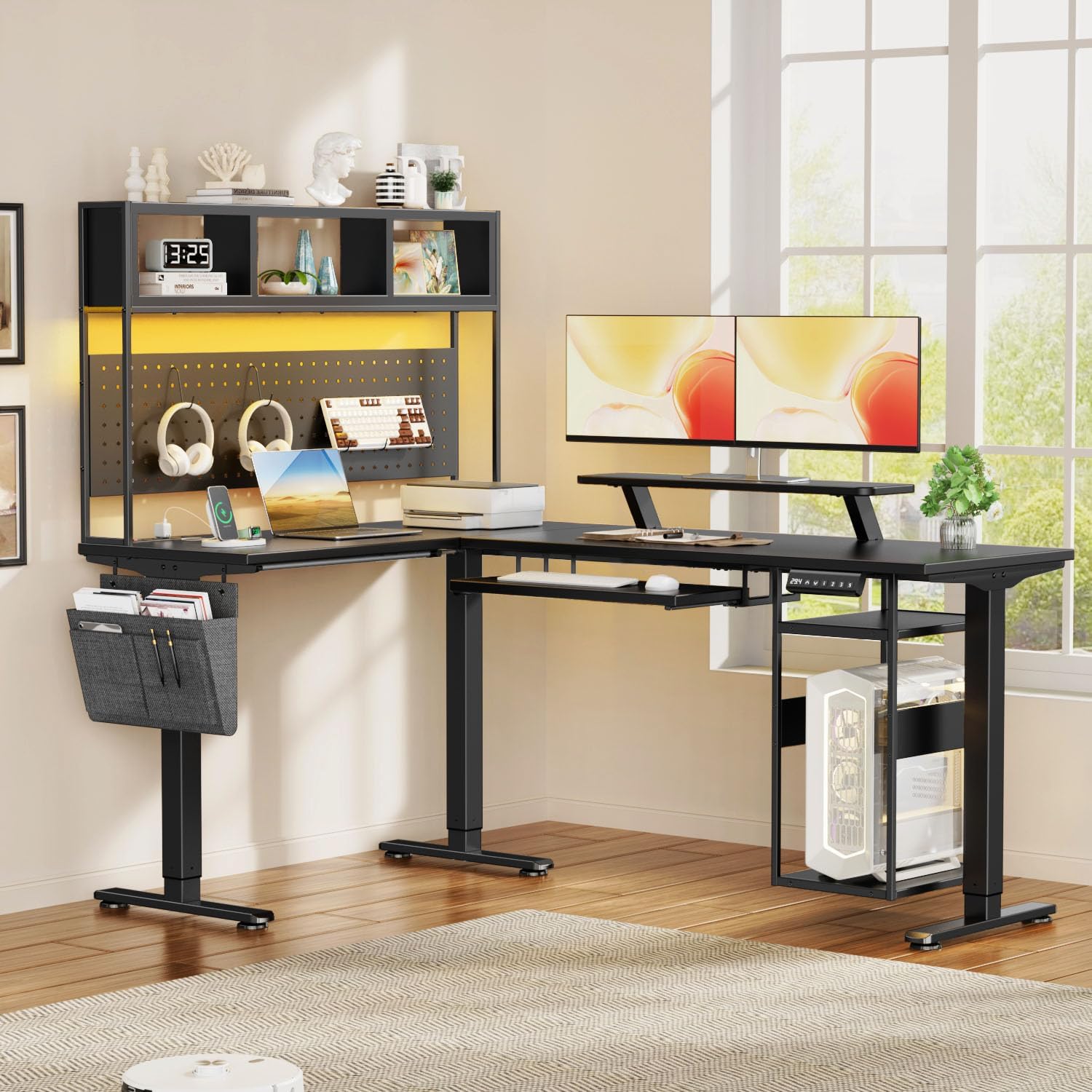 Flycity Electric L Shaped Standing Desk Adjustable Height, 67' x 47' Corner Computer Desk with Host Shelf, Gaming Desk with LED Lights & Power Outlet, Dual Motor Home Office Desk with Storage, Black