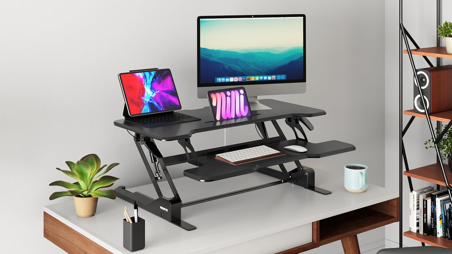 Mount-It! 38 Inch Standing Desk Converter - Gas Spring Sit Stand Desk Riser for Dual Monitors - Height Adjustable Desktop Workstation with Keyboard Tray - Black