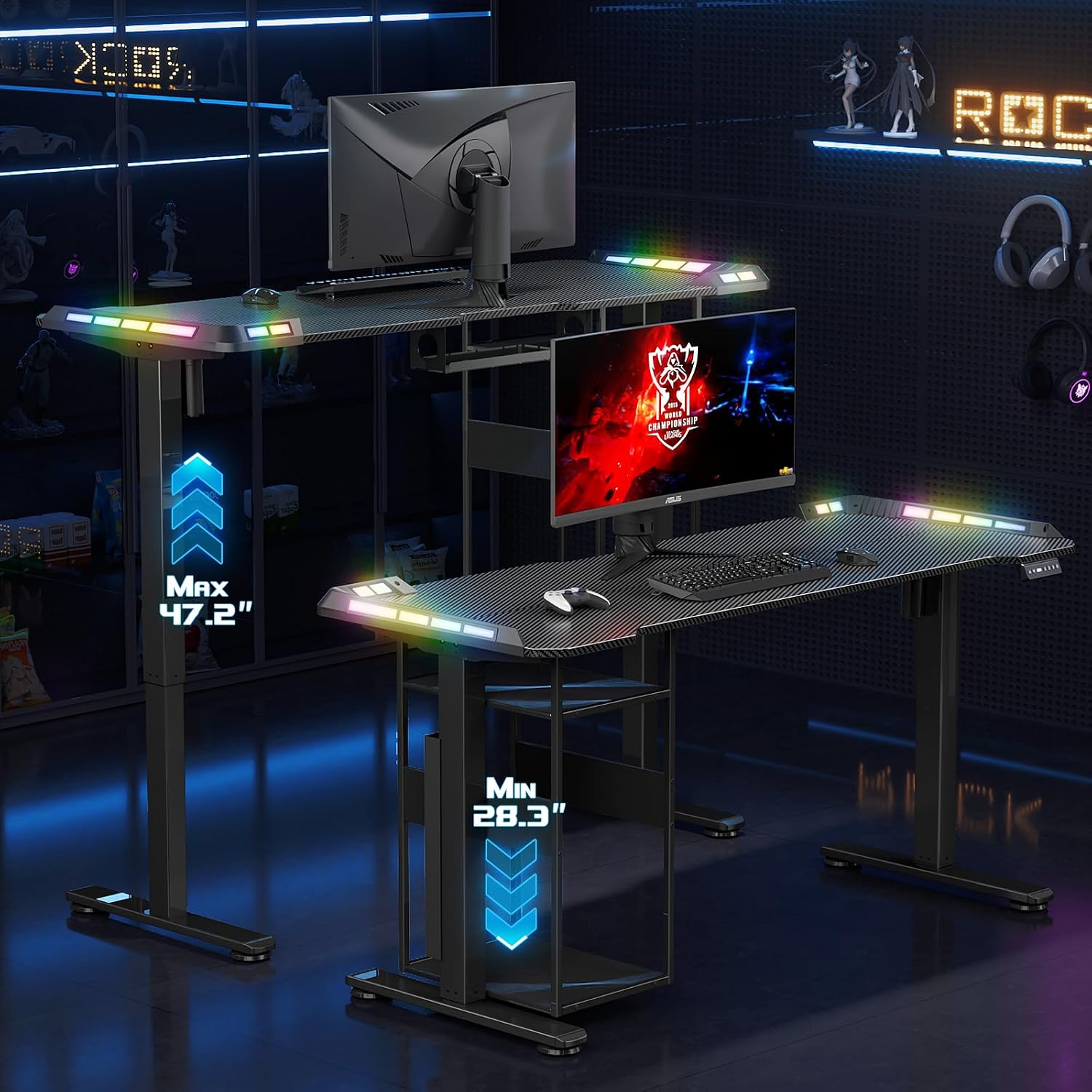 Electric Gaming Desk with LED Lights & Host Shelf, 55' x 24' Gaming Standing Table with Music Sensing APP Control, Underdesk Cable Storage Stand Up Table, Black Carbon Fiber PC Desk for Home Office