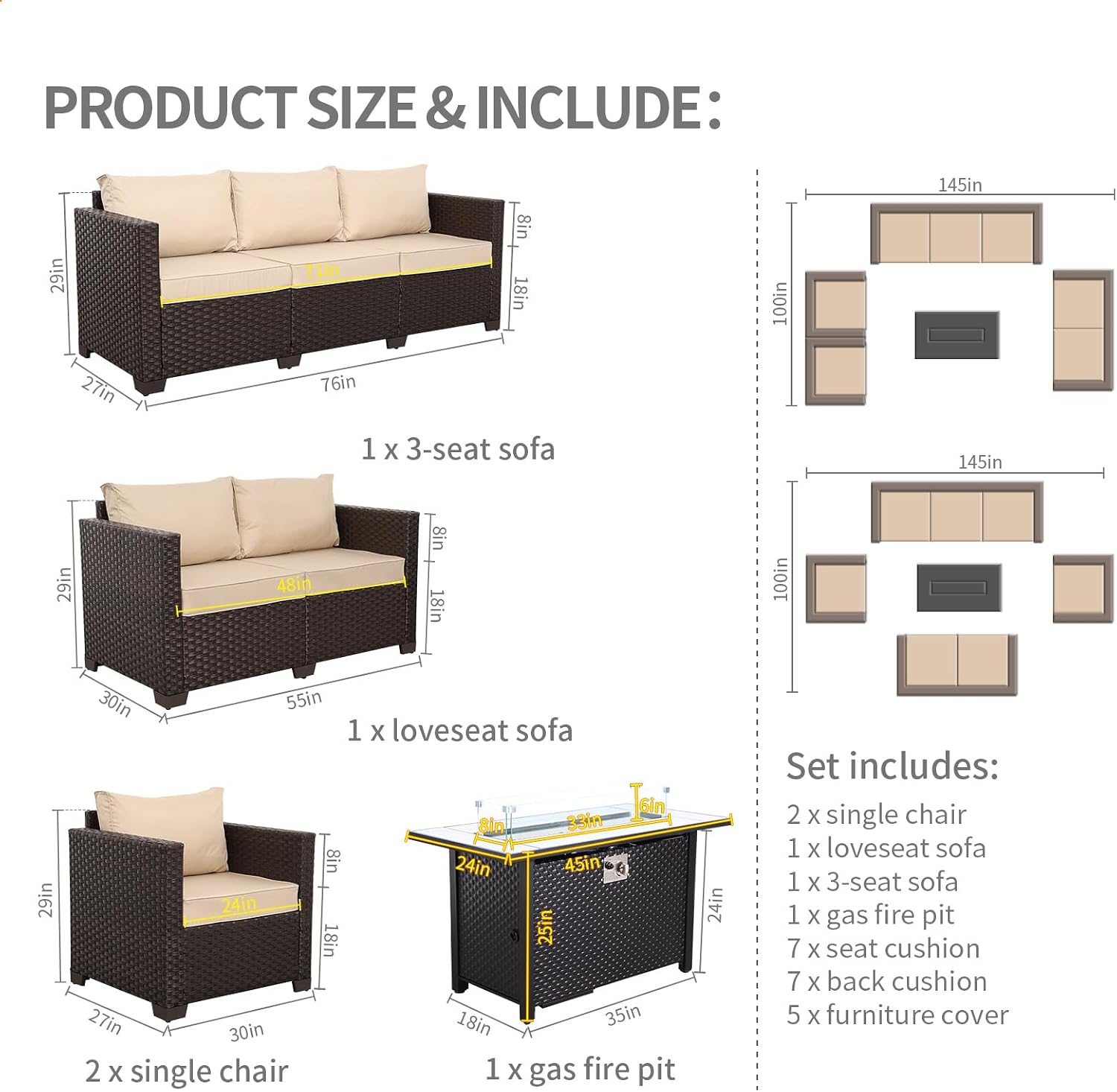 Rattaner 5-Piece Outdoor Patio Furniture 45 in Outdoor Fire Pits Patio Furniture Set 60000 BTU Outdoor Propane Fire Pit No-Slip Cushions Waterproof Covers, Khaki