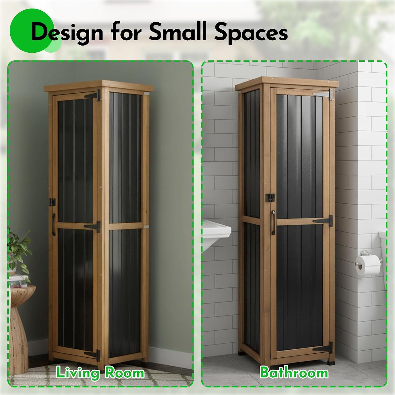 Tall Outdoor Storage Cabinet, Weatherproof Wooden Garden Potting Bench with Metal Top & Adjustable Shelves, Outdoor Patio Cabinets Work Station for Balcony, Pool, Garage