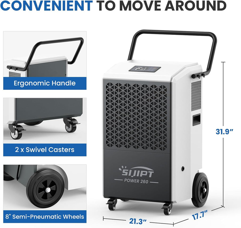Commercial Dehumidifier with Pump, 260 Pints Industrial Dehumidifier for Basements, Industrial or Commercial Spaces, and Flood Restoration up to 8,500 Sq Ft with Auto Defrost