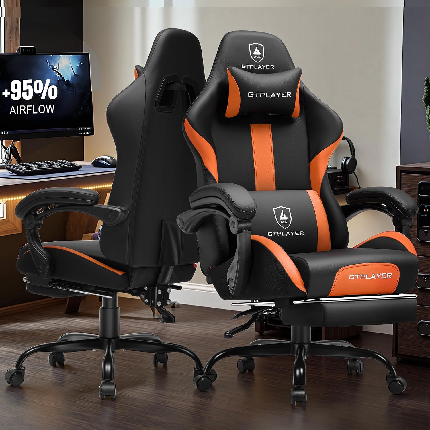 GTPLAYER Gaming Chair with Foot Rest & Pocket Spring Cushion, Ergonomic High Back Computer Chair with Headrest & 360°-Swivel Seat for Home Office Desk, PU Leather, Orange