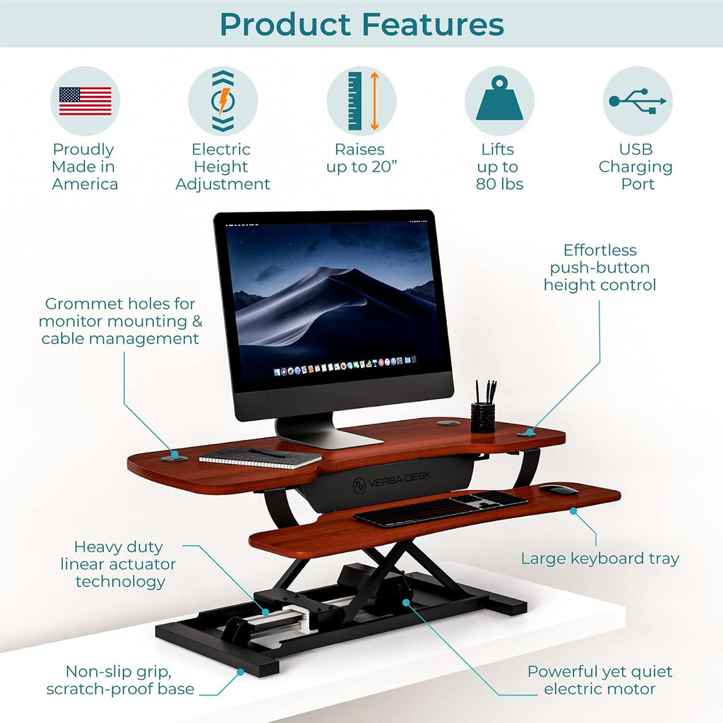 VERSADESK PowerPro™ 40' x 24' Standing Desk Converter | 7.75' - 23.5' Electric Height Adjustable Sit to Stand Desk Riser w/ Keyboard Tray & USB Hub - Ergonomic Workstation for Home & Office, Cherry
