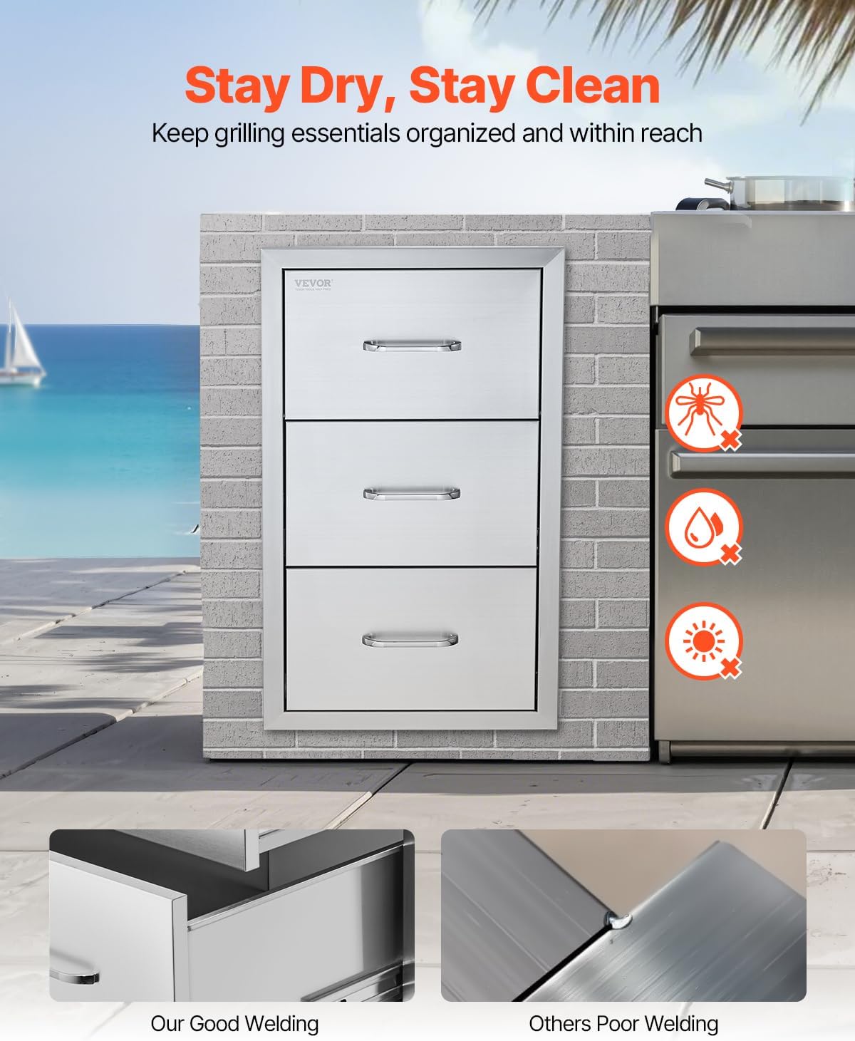 VEVOR Outdoor Kitchen Drawers 17W x 30H x 21D Inch, Outdoor Kitchen Cabinets, Stainless Steel Double Access Drawers, with Paper Towel Holder, Combo for BBQ Island Drawers or Grill Station