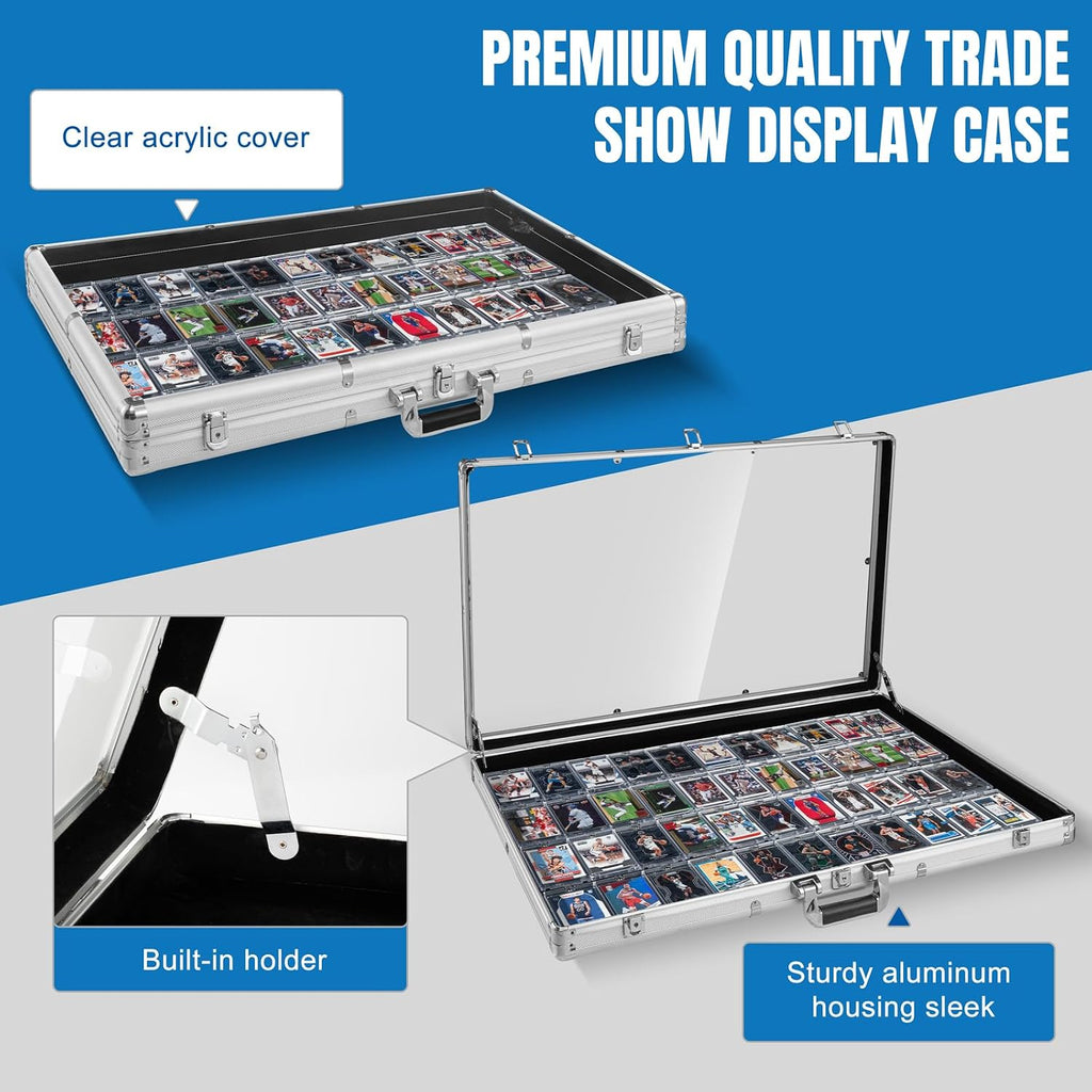 Large Cards Trade Show Display Case, Portable Aluminum Trading and Graded Card Display Frame with Locks, Table Top Aluminum Holder with Clear Acrylic Showcase for Jewelry Craft Collector Shows