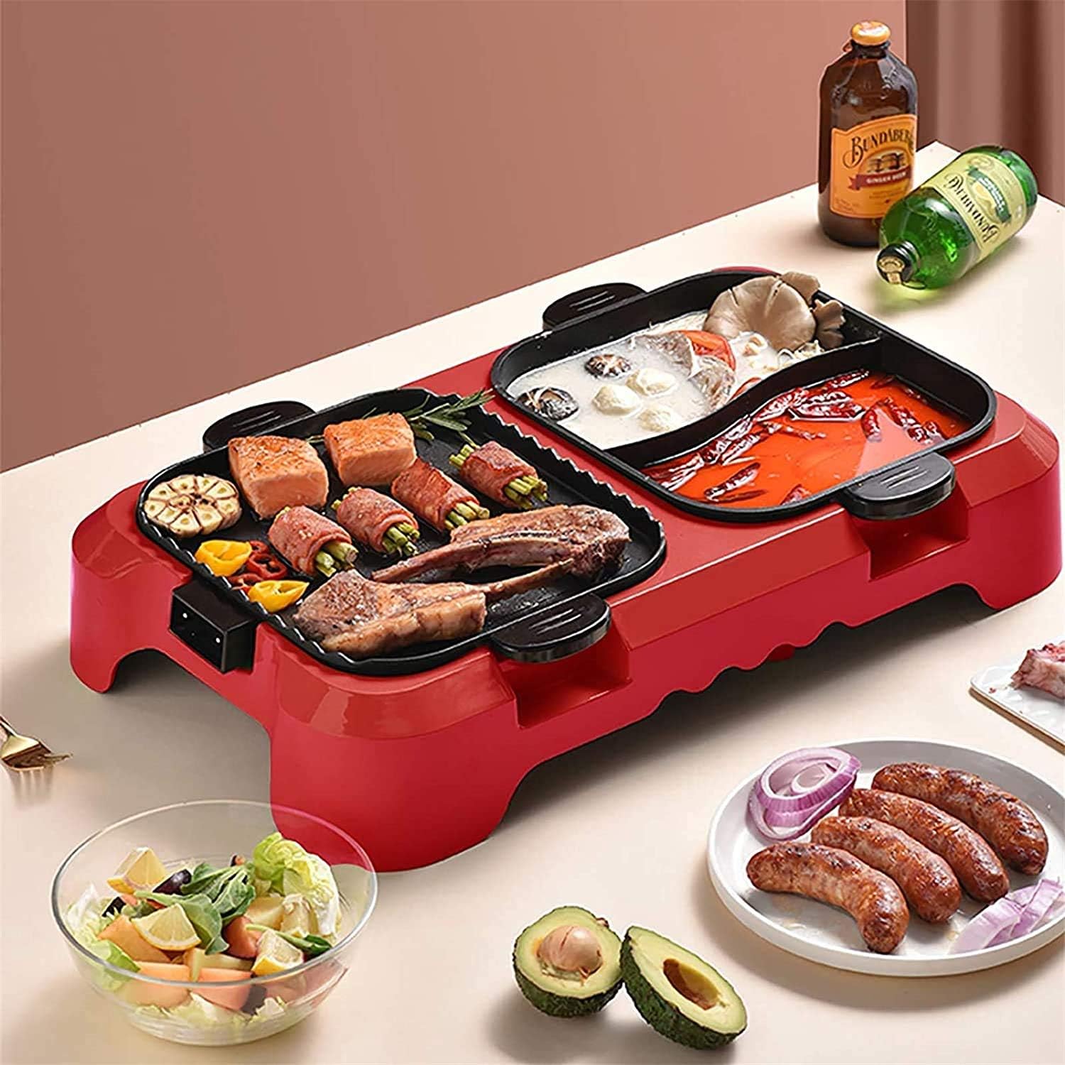 Electric Grill And Hot Pot,Fast Heat Hot Pot,Smokeless BBQ Grill Non-Stick Pan,Separate Dual Temperature Control,for 2-12 People,Red (Color : Red)