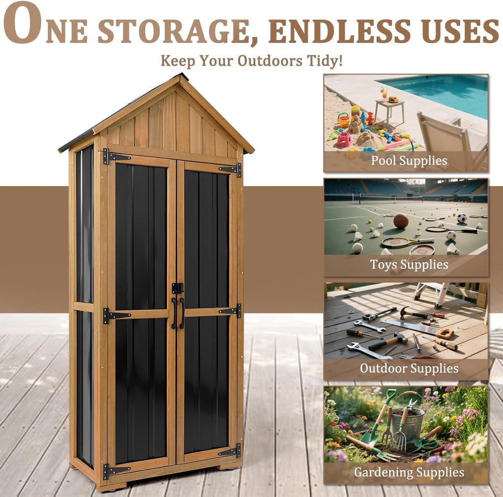 PetsCosset Outdoor Storage Cabinet Waterproof, Outdoor Storage Shed with Shelves, Wood & Metal Patio Backyard Garden Storage Cabinet Tool Organizer for Outside