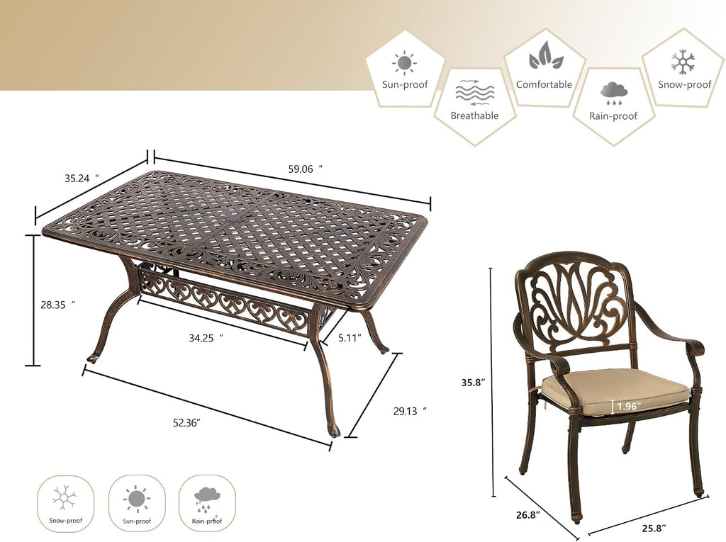 Grepatio 7 Piece Patio Dining Set Outdoor Dining Set Cast Aluminum Furniture Set with 6 Dining Chairs with Cushion and Dining Table for Backyard Garden Deck Poolside (Khaki)