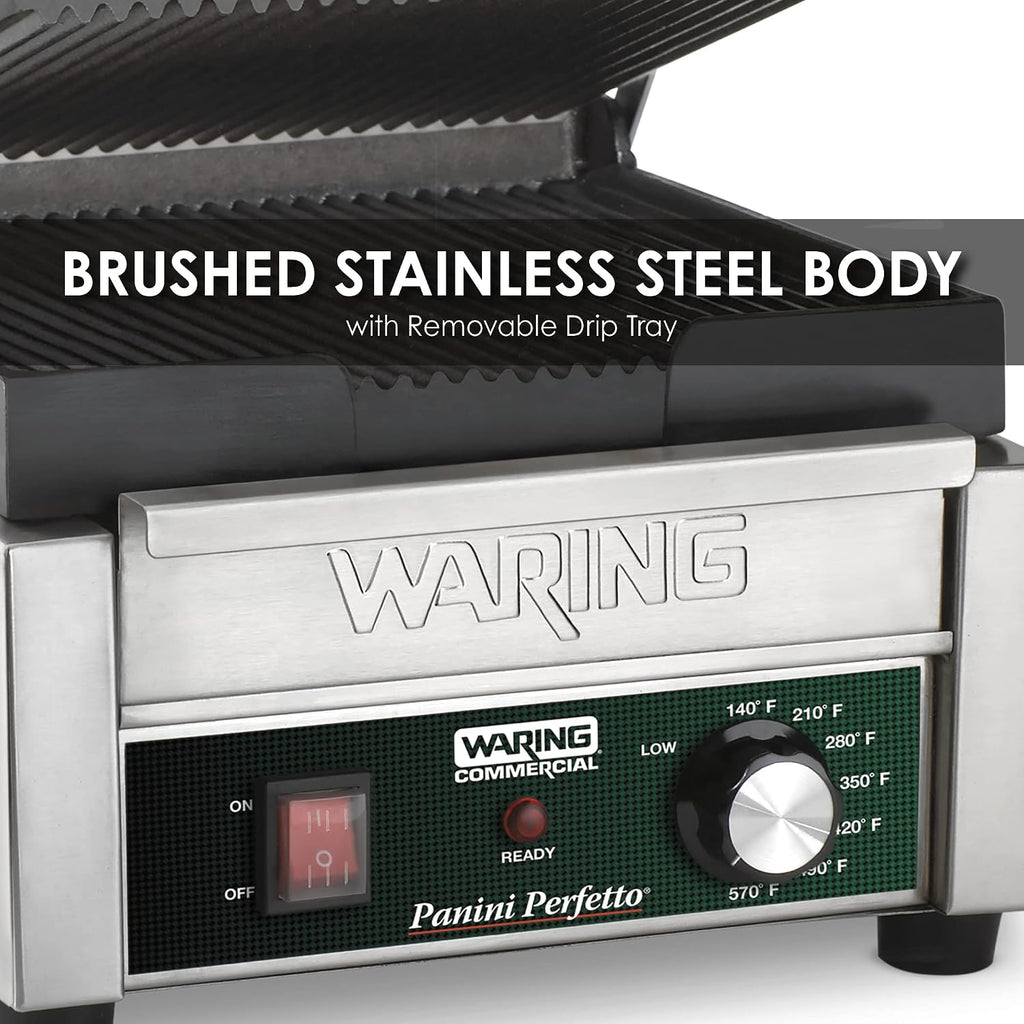 Waring Commercial WPG150 Panini Perfetto® Compact Ribbed Panini Grill, 20 Minute Countdown Timer, 208V, 2400W, 6-15 Phase Plug