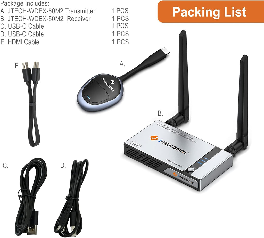 J-Tech Digital HDMI Wireless Extender Dongle Adapter Kit 1080p 98 Feet w/Airplay, Smart View, Miracast & 4K Upscale [JTECH-WDEX-50M2]