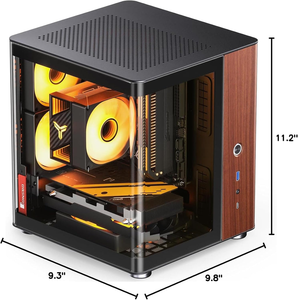 JONSBO TK-0 Black ITX Mini Tower PC Case, Hyperboloid Glass Desktop Design,Separated Cabinet Structure, Al Alloy Shell DTX/ITX Walnut Wood Computer Case, Sff Case,Black