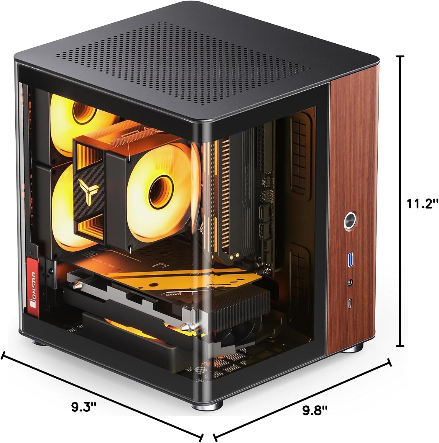 JONSBO TK-0 Black ITX Mini Tower PC Case, Hyperboloid Glass Desktop Design,Separated Cabinet Structure, Al Alloy Shell DTX/ITX Walnut Wood Computer Case, Sff Case,Black