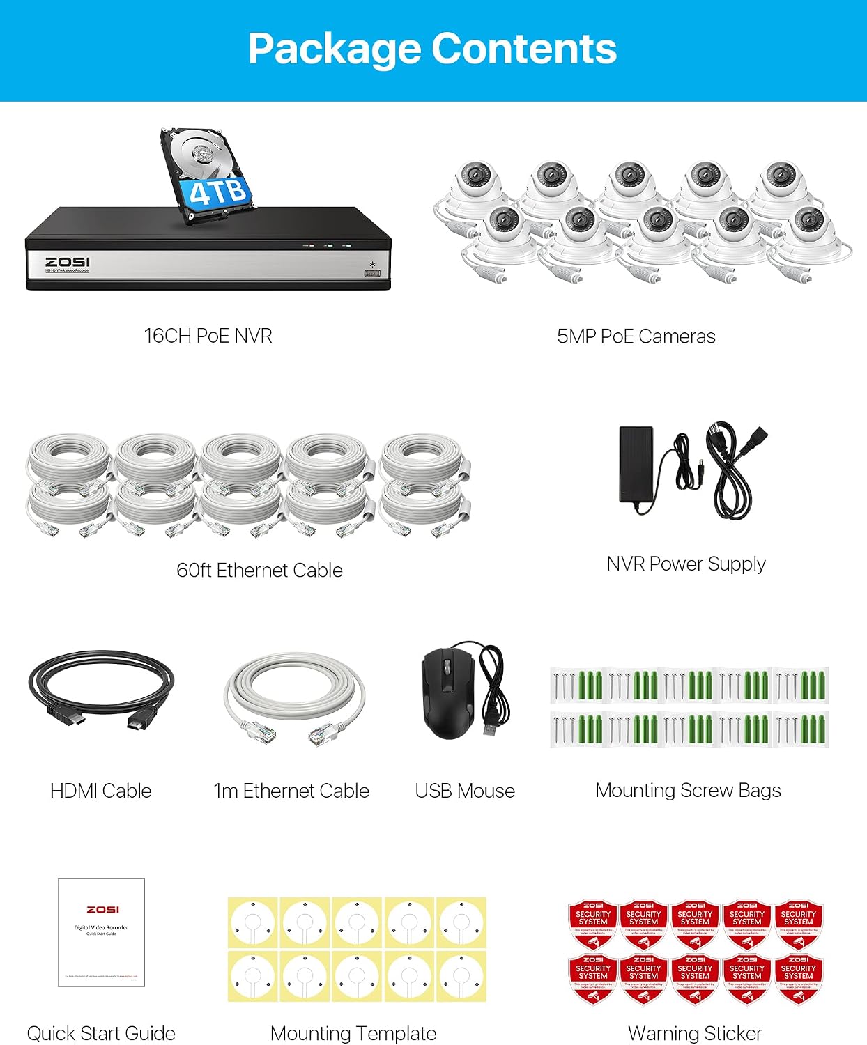 ZOSI 16CH 4K POE Security Camera System,H.265+ 16 Channel 8MP CCTV NVR with 4TB HDD for 24/7 Recording,10 x Wired 5MP PoE IP Cameras Outdoor Indoor,80ft Night Vision,Motion Alerts,Remote Access