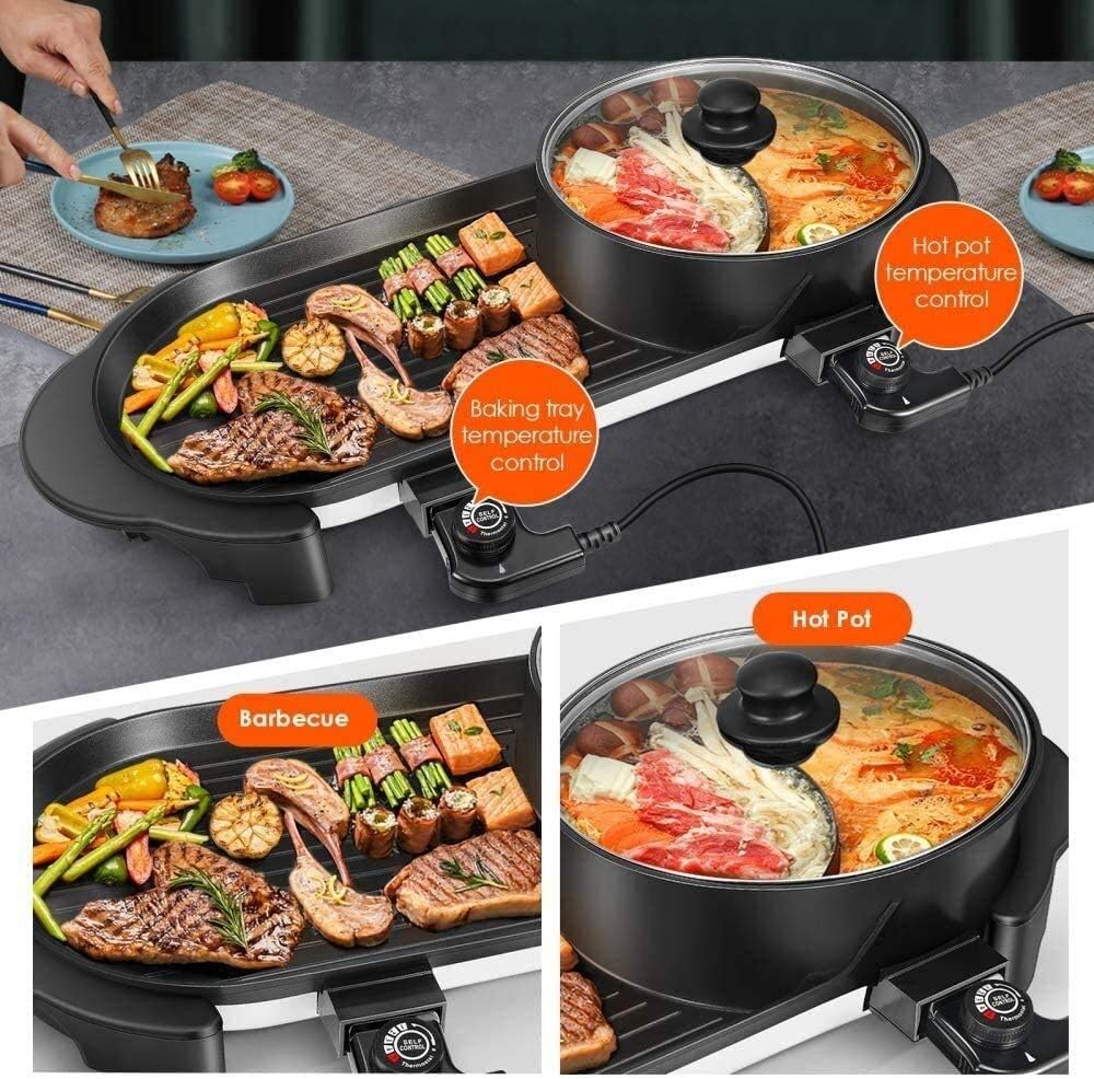 Electric Bbq Grill Indoor, Portable Electric Hot Pot Grill, Barbecue Grill for 1-8 People, Non-Stick Pan Electric Cooker Smokeless BBQ Five-Speed Electric Barbecue Grill