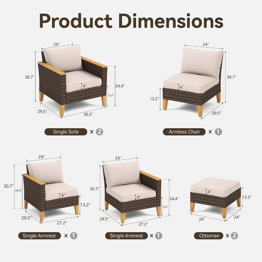GREEN PARTY 7 Pieces Wicker Patio Furniture Set, All-Weather Outdoor Rattan Patio Sectional Sofa Conversation Set 7 Seats with 4' Thick Cushions for Garden, Backyard, 2 x Ottomans