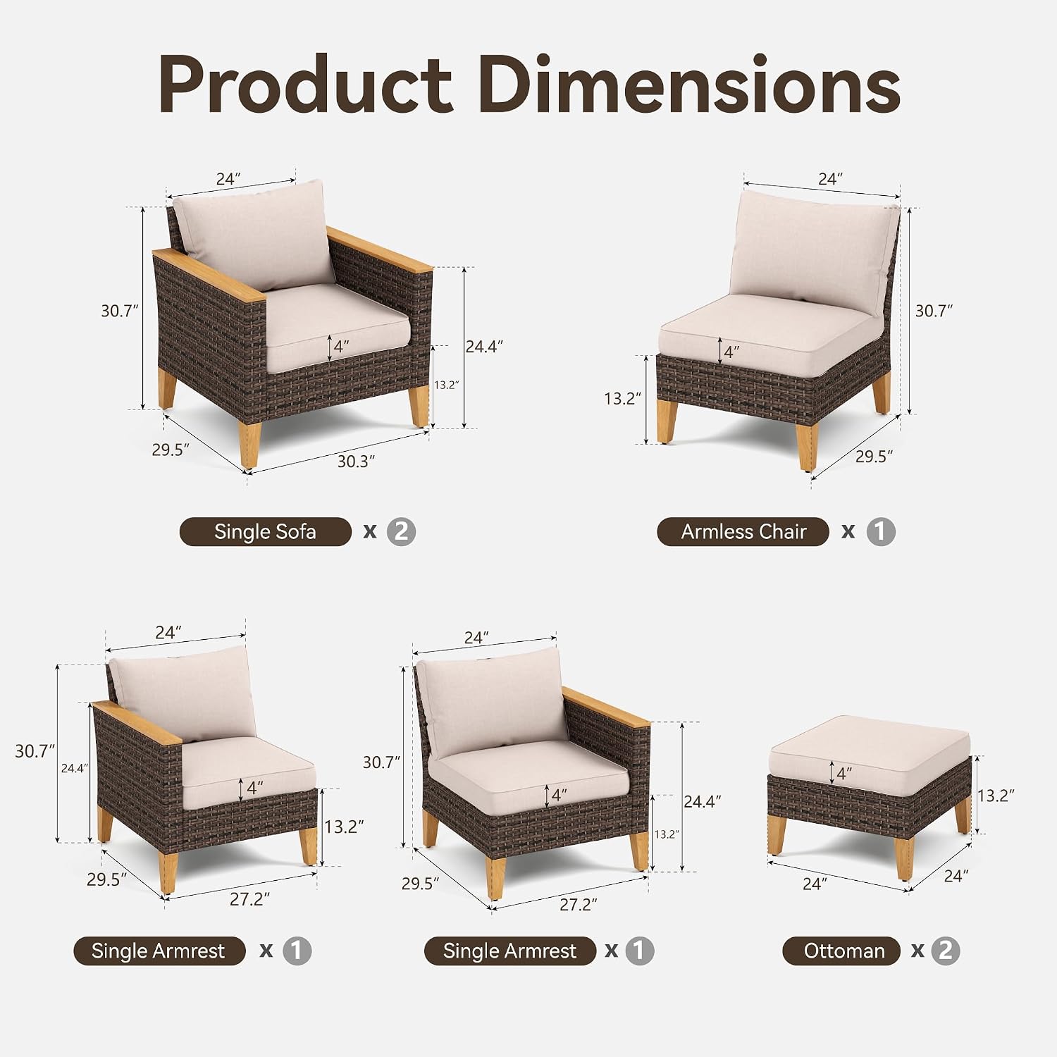 GREEN PARTY 7 Pieces Wicker Patio Furniture Set, All-Weather Outdoor Rattan Patio Sectional Sofa Conversation Set 7 Seats with 4' Thick Cushions for Garden, Backyard, 2 x Ottomans