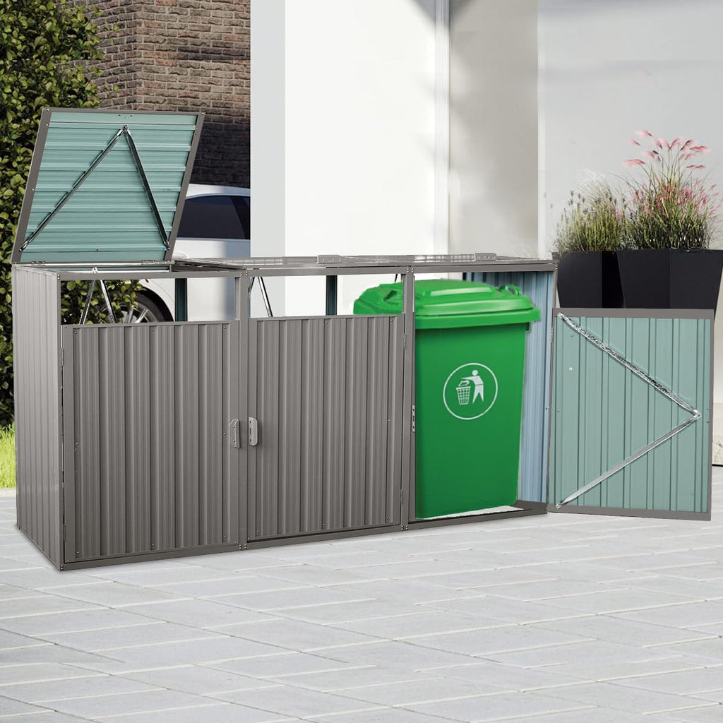 Outdoor Trash Can Storage, Garbage Bin Shed Stores, Trash Can Storage Cabinet Outside, Metal Outdoor Storage Shed for Garbage Cans, Garden Accessories, Backyard, and Patio Use, Lockable, Light Grey