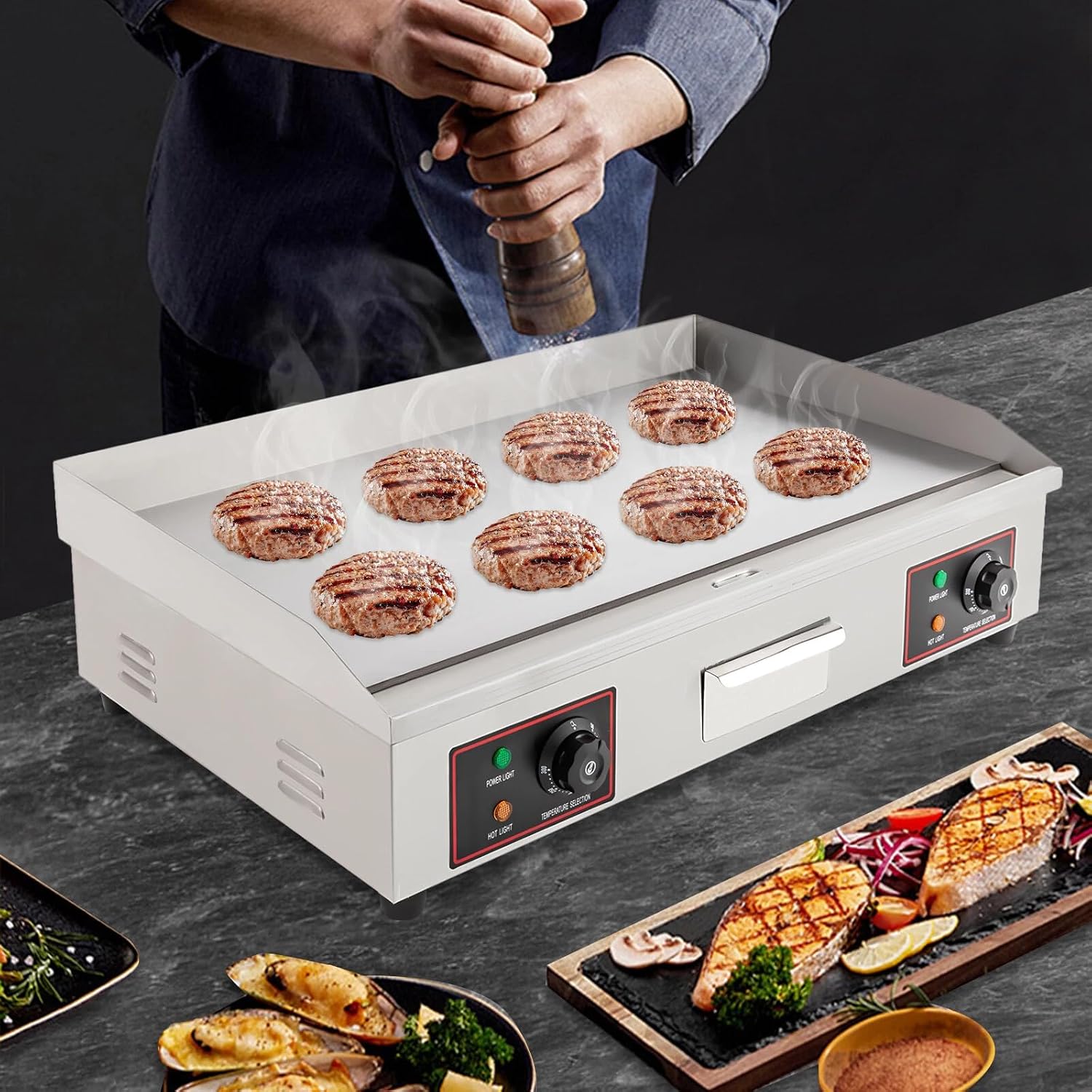 30' Commercial Electric Griddle, 3000W Electric Stove Countertop Flat Top Grill, 110V Non-Stick Stainless Steel Teppanyaki Grill with Adjustable Temperature Control 122°F-572°F(NO PLUG)