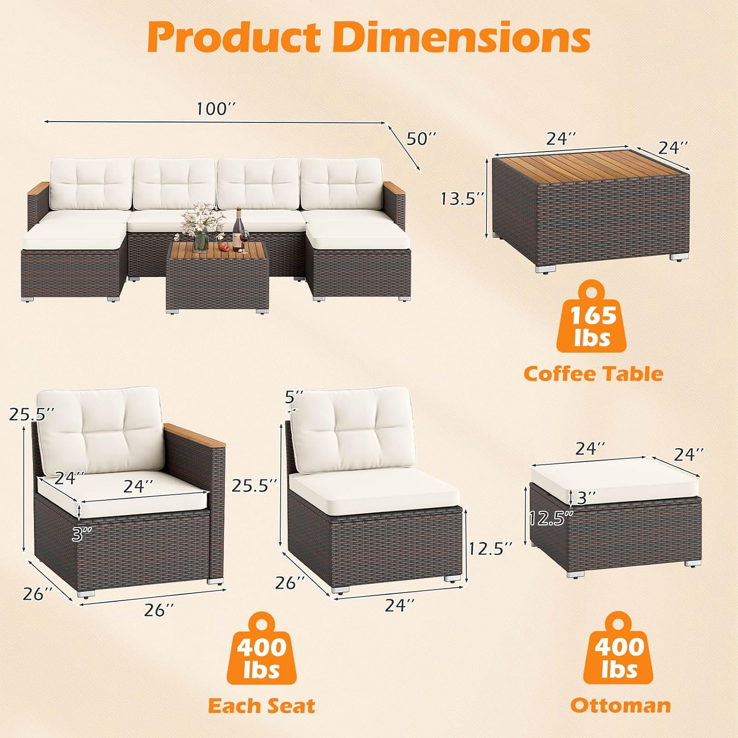 Tangkula 7 Pieces U Shape Outdoor Furniture Set, Patio Rattan Cushioned Chairs & Coffee Table Set, Outdoor Sectional Conversation Sofa with Wood Armrests & Tabletop for Backyard, Porch, Balcony