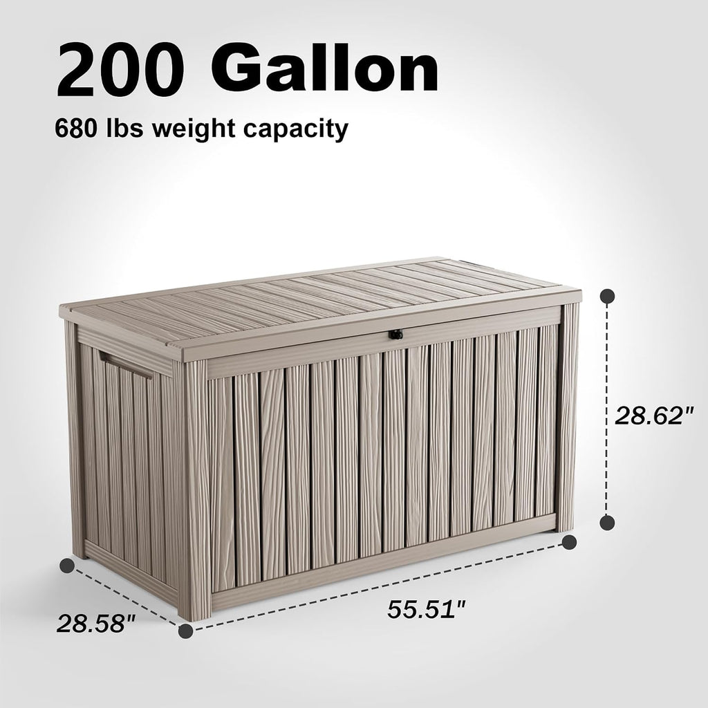 PatioZen 200 Gallon Large Deck Box,Resin Outdoor Storage Box with Lockable for Patio Furniture, Garden Tools Waterproof Outside Storage Box, Grey