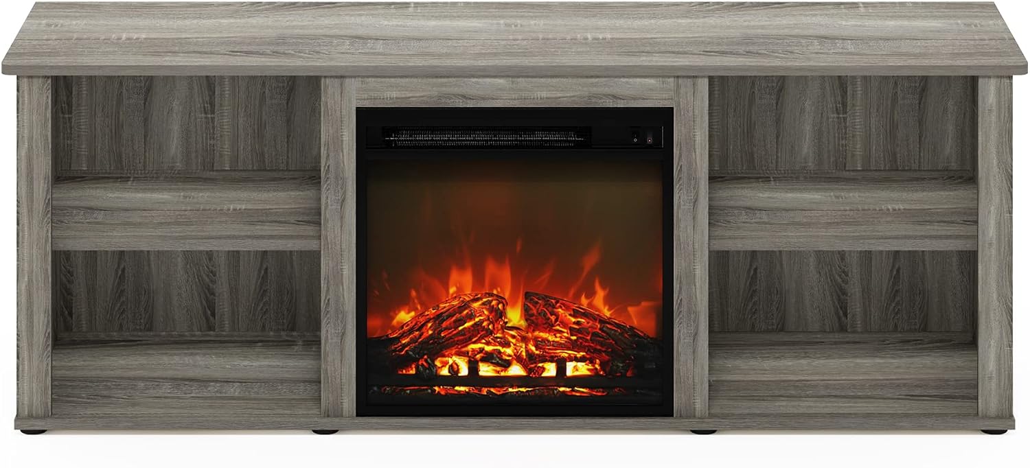 Furinno Classic 60 Inch TV Stand with Fireplace, French Oak Grey
