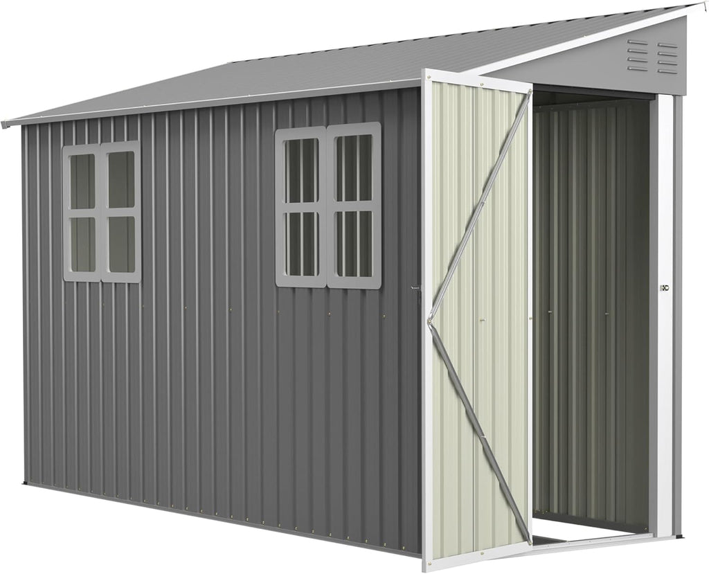 4x10FT Lean to Shed with Floor Frame & Windows, Metal Outdoor Storage Shed, Large Tool Shed for Garden Backyard Patio Storage,Outside Lean to Waterproof Shed, Gray