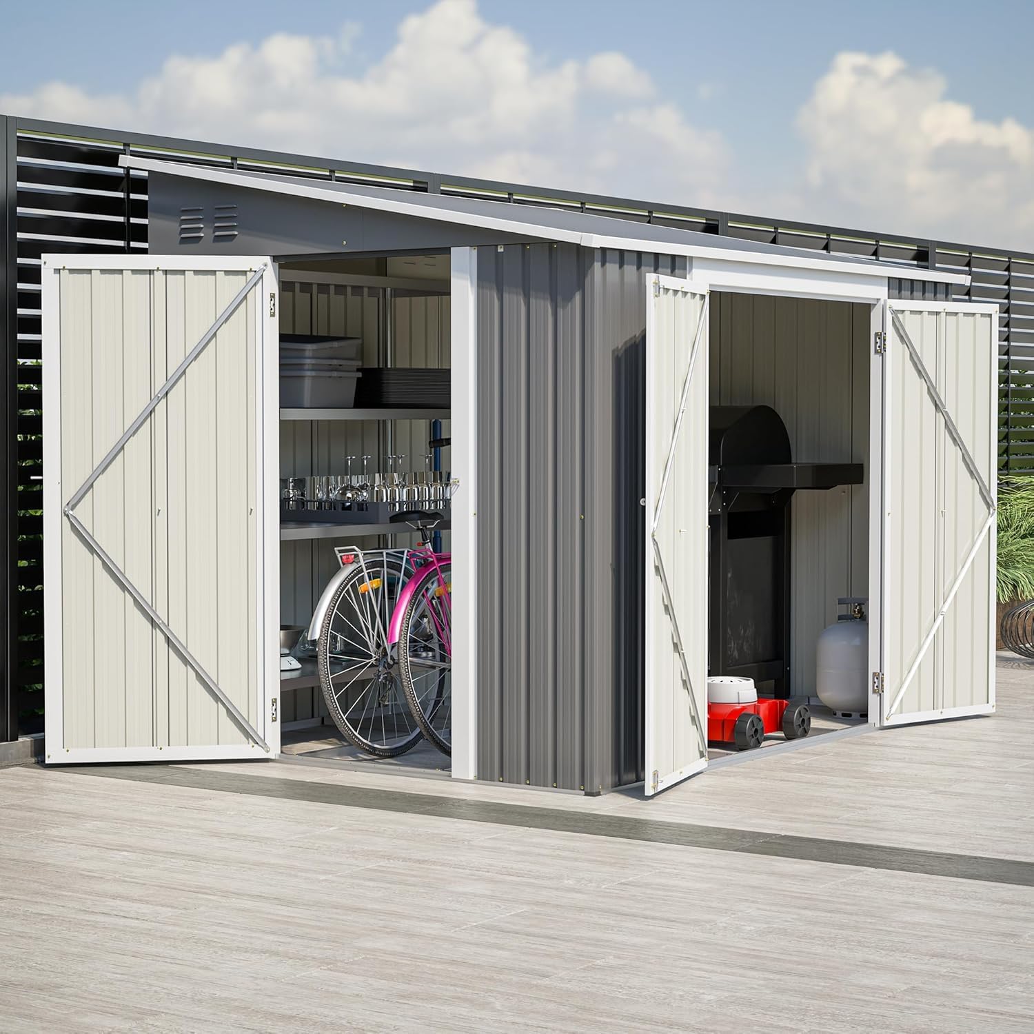 8x6 FT Outdoor Storage Shed with Sloping Roof, Lockable Double Doors & Adjustable Side Door, Weatherproof with Frame Floor, Compact Metal Tool Shed for Garden, Backyard and Patio