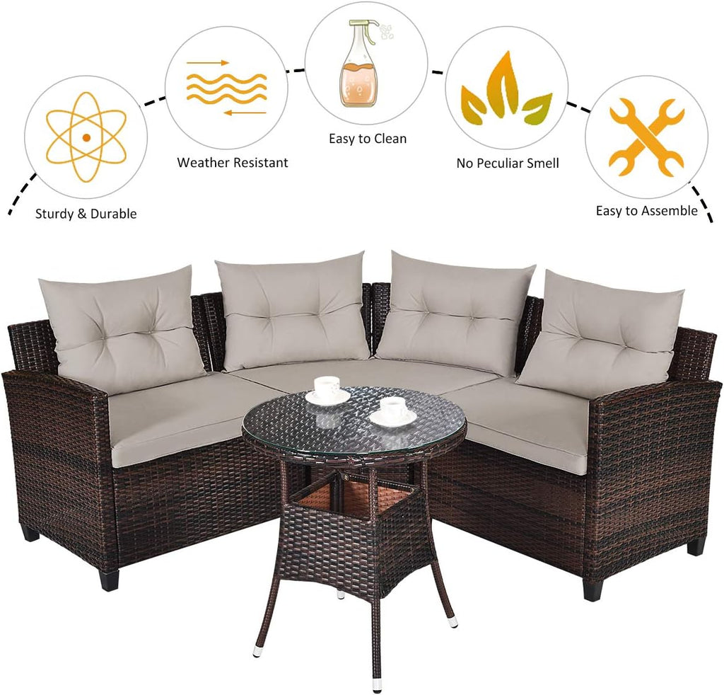 HAPPYGRILL 4 Pieces Rattan Patio Conversation Set, Outdoor Wicker Furniture Set with Cushioned Sofas and Coffee Table, L-Shape Sectional Curved Sofa Set for Garden Poolside Balcony