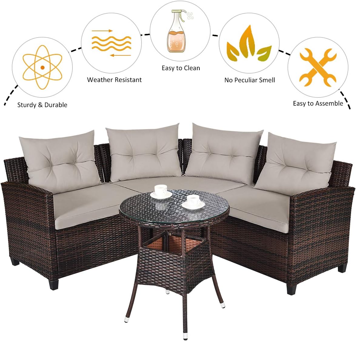 HAPPYGRILL 4 Pieces Rattan Patio Conversation Set, Outdoor Wicker Furniture Set with Cushioned Sofas and Coffee Table, L-Shape Sectional Curved Sofa Set for Garden Poolside Balcony