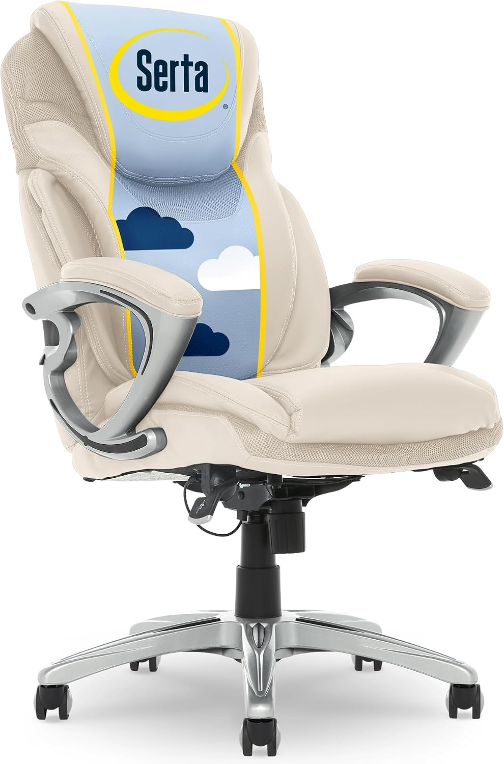 Serta Bryce Executive Office Chair - Ergonomic Computer DeskChair with Lumbar Technology - Adjustable Height - Memory Foam Body Pillows - 360° Swivel Rolling Base - Bonded Leather - Cream